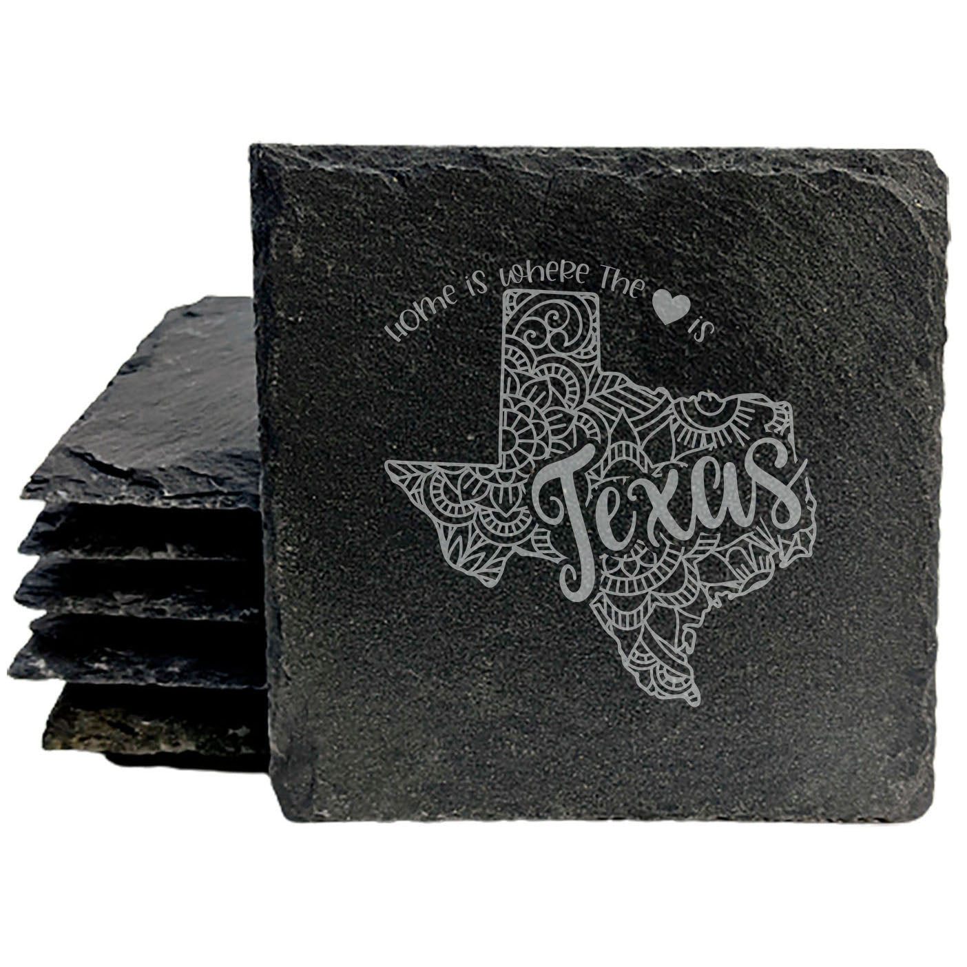 Rustic Slate Coasters Set of 4, Round 4" with Texas Mandala Design, 'Home is Where the Heart Is' Quote, Perfect for Holidays, Birthdays, Housewarming, She-Shed, Man Cave, Made in Oregon, USA