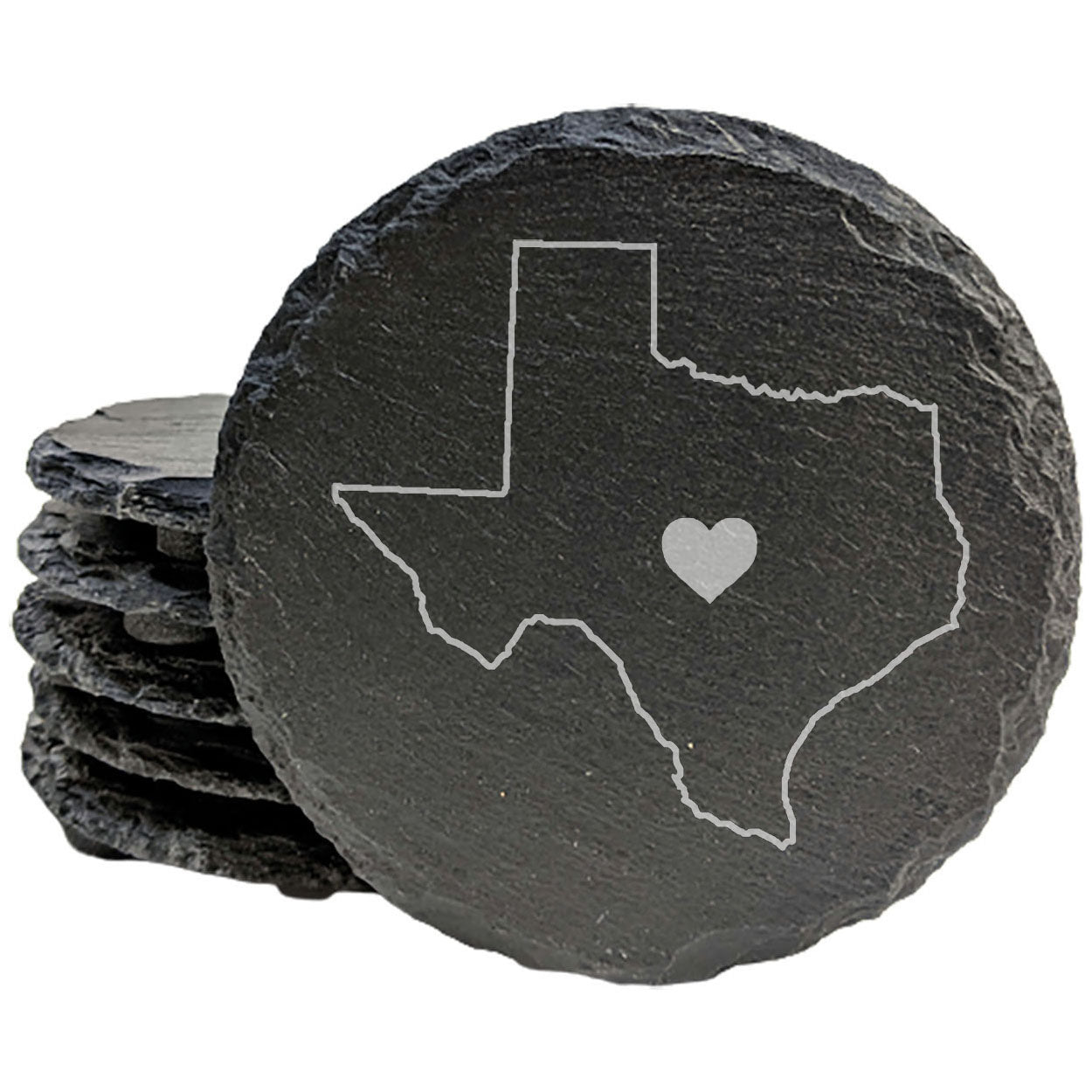 Rustic Slate Coasters Set of 4 - Texas Heart Design, 4" Round, Natural Chipped Edge, Rubber Feet, - Perfect for Holidays, Birthdays, Housewarming - Made in Oregon, USA