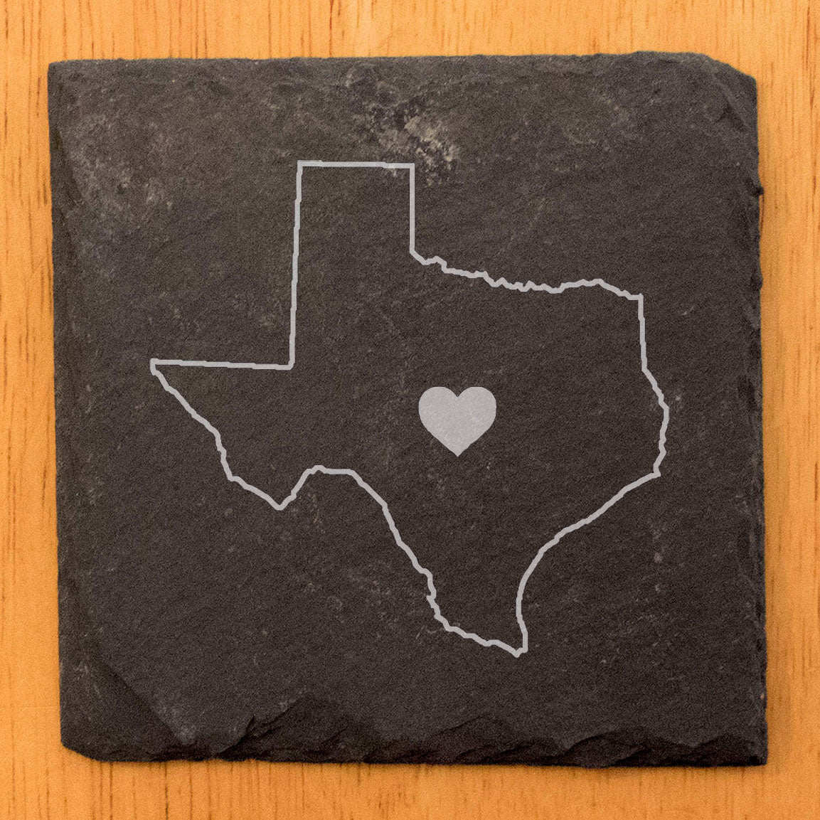 Rustic Slate Coasters Set of 4 - Texas Heart Design, 4" Round, Natural Chipped Edge, Rubber Feet, - Perfect for Holidays, Birthdays, Housewarming - Made in Oregon, USA
