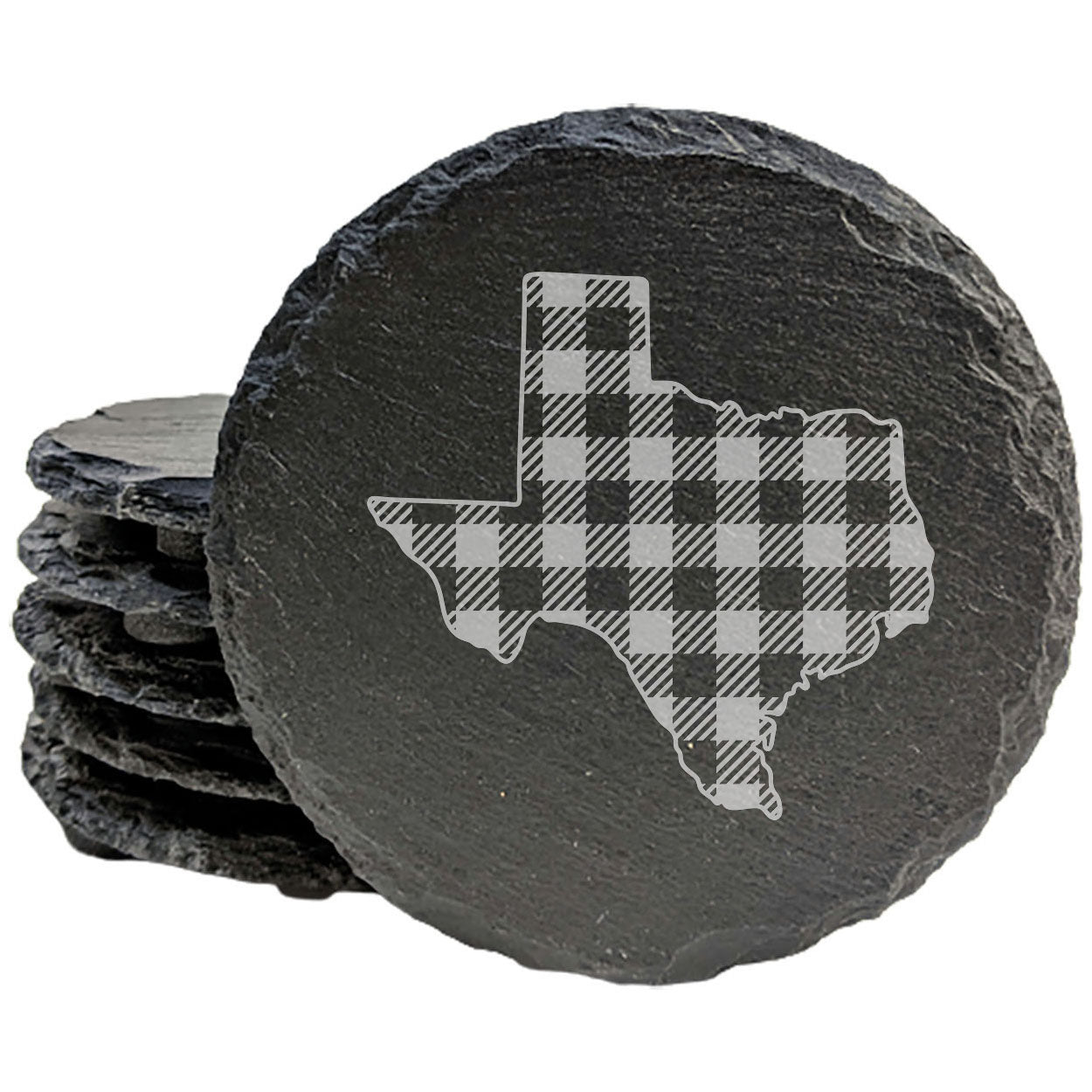 Rustic Slate Coasters Set of 4, Texas Plaid Design, 4" Round, Natural Chipped Edge, Rubber Feet, , Perfect for Holidays, Birthdays, Housewarming, She-Shed, Man Cave, Made in USA