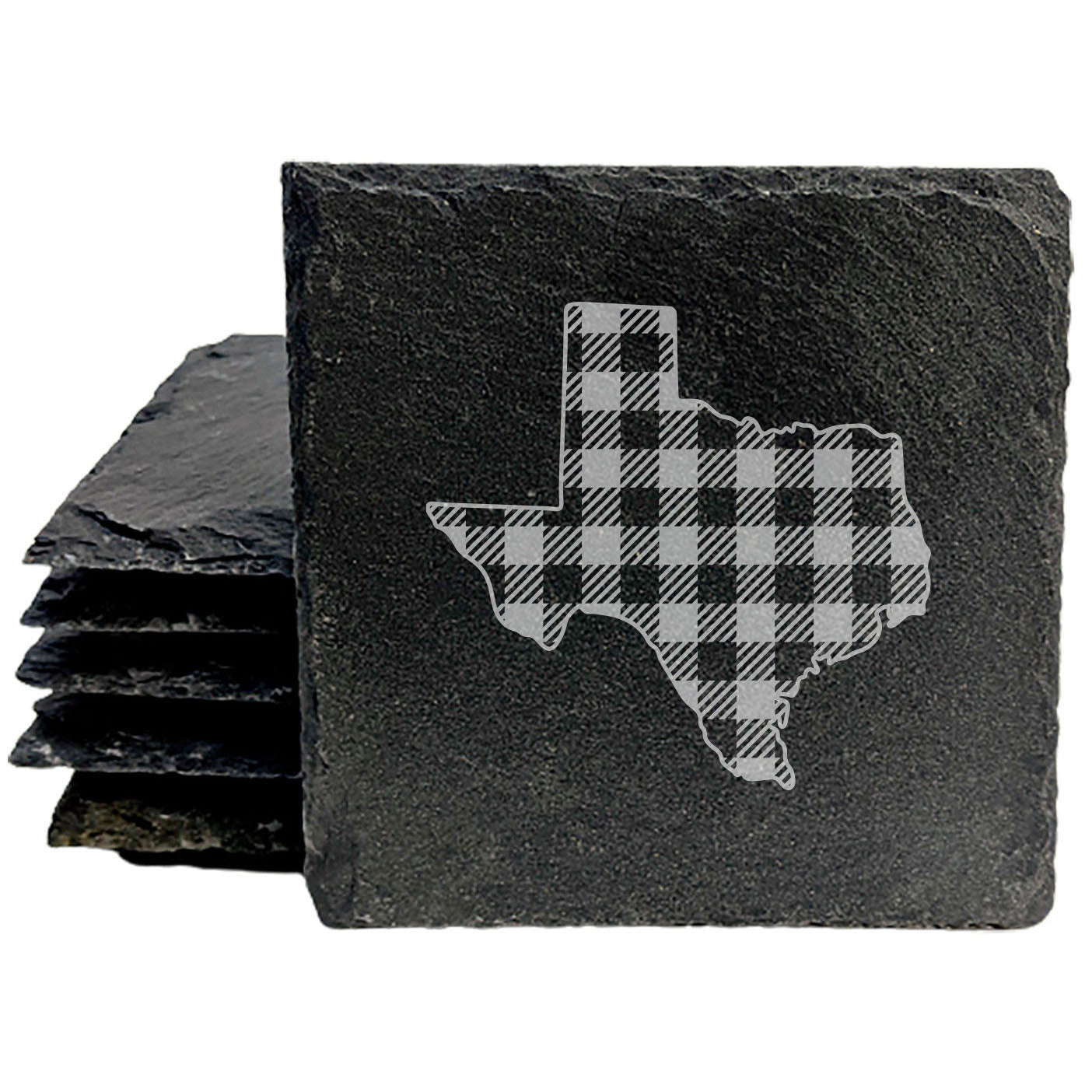 Rustic Slate Coasters Set of 4, Texas Plaid Design, 4" Round, Natural Chipped Edge, Rubber Feet, , Perfect for Holidays, Birthdays, Housewarming, She-Shed, Man Cave, Made in USA