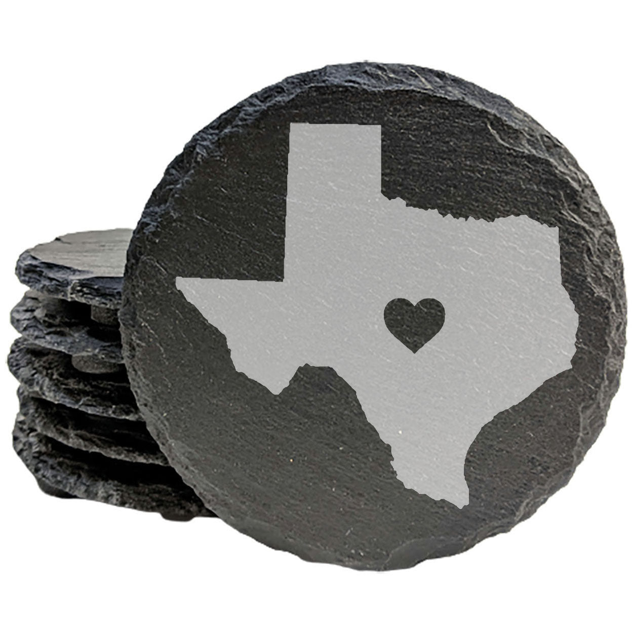 Rustic Slate Coasters Set of 4, Texas Heart Design, 4" Round, Laser Etched, Natural Chipped Edge, Rubber Feet, , Perfect for Holidays, Birthdays, Housewarming, Made in Oregon, USA