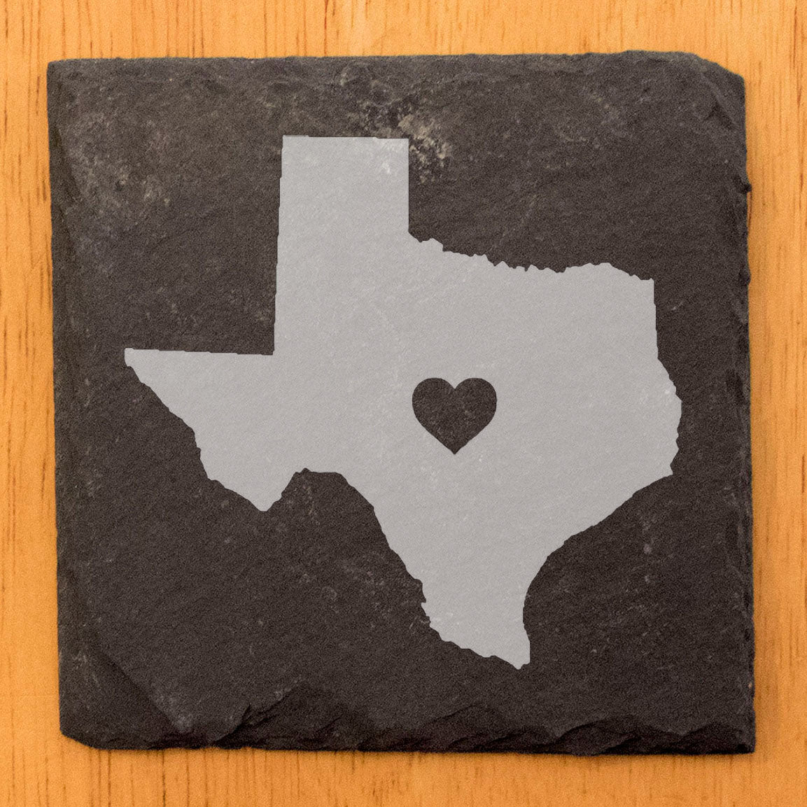 Rustic Slate Coasters Set of 4, Texas Heart Design, 4" Round, Laser Etched, Natural Chipped Edge, Rubber Feet, , Perfect for Holidays, Birthdays, Housewarming, Made in Oregon, USA