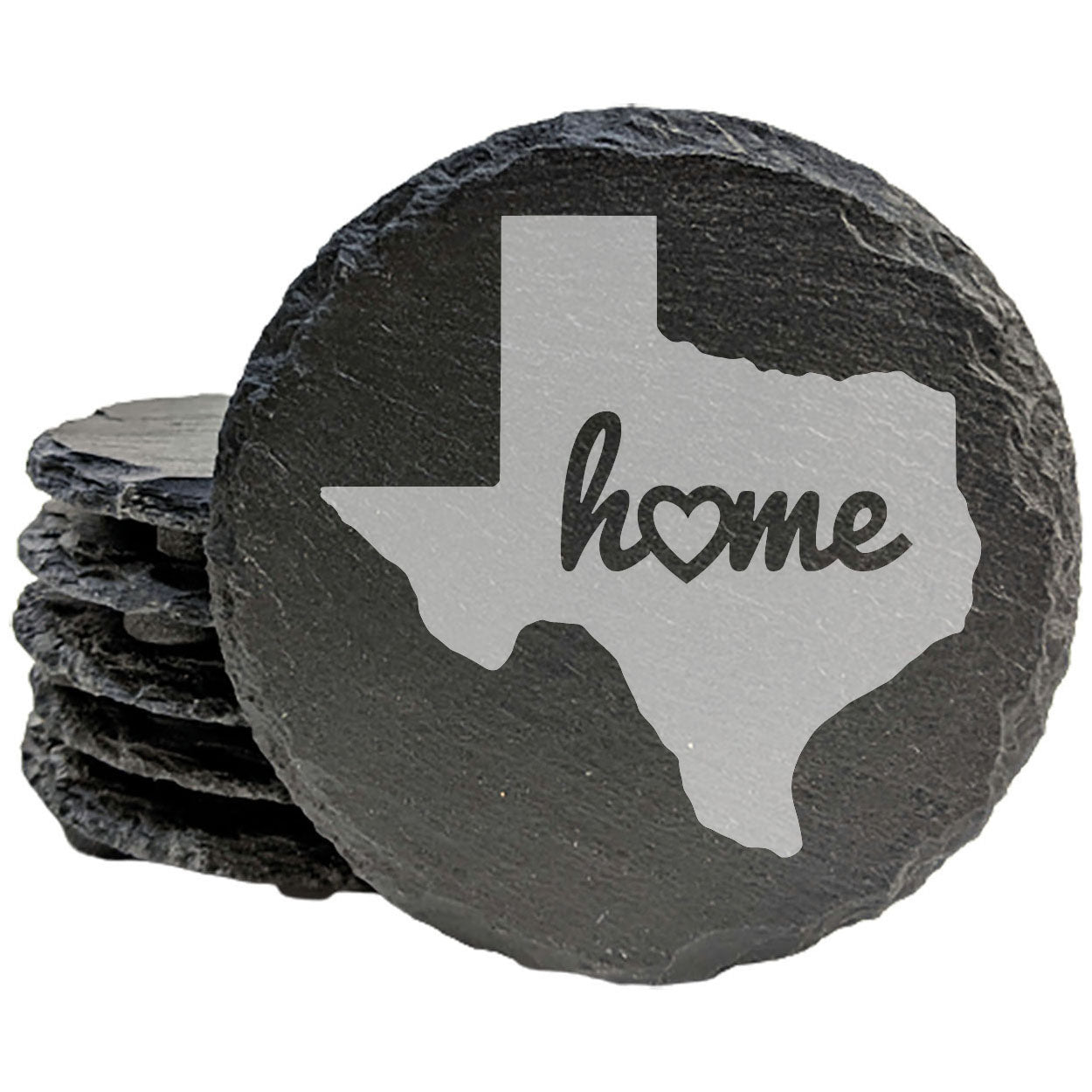 Rustic Slate Coasters Set of 4, Round 4" with Texas 'Home' Heart Design, Perfect for Holidays, Birthdays, Housewarming Gifts, She-Shed or Man Cave, Made in Oregon, USA, Natural Chipped Edge