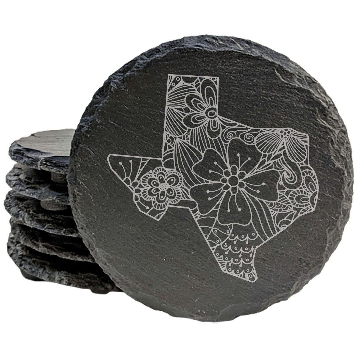 Rustic Slate Coasters Set of 4, Texas Floral Design, 4" Round, Natural Chipped Edge, Rubber Feet, , Perfect for Holidays, Birthdays, Housewarming, She-Shed, Man Cave, Made in USA