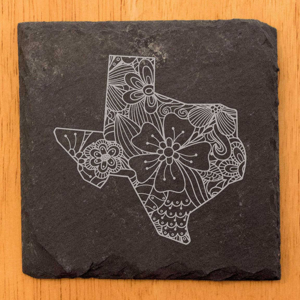 Rustic Slate Coasters Set of 4, Texas Floral Design, 4" Round, Natural Chipped Edge, Rubber Feet, , Perfect for Holidays, Birthdays, Housewarming, She-Shed, Man Cave, Made in USA