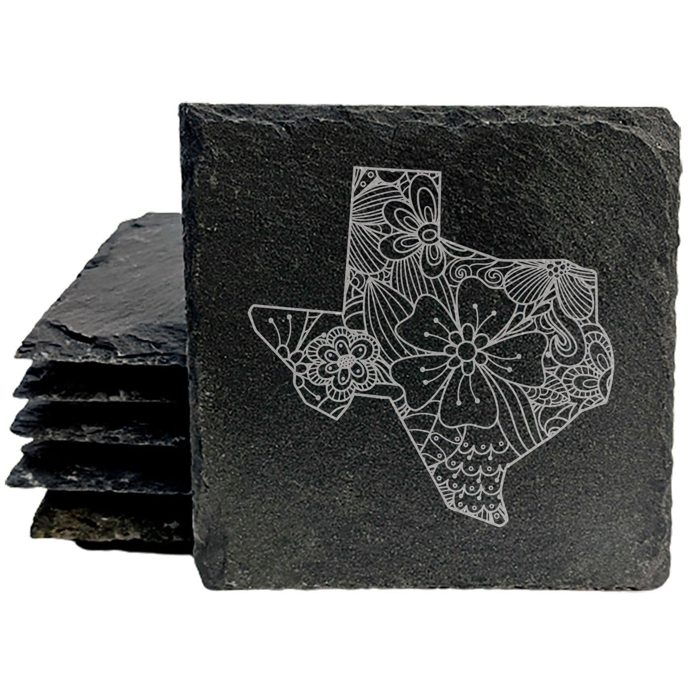 Rustic Slate Coasters Set of 4, Texas Floral Design, 4" Round, Natural Chipped Edge, Rubber Feet, , Perfect for Holidays, Birthdays, Housewarming, She-Shed, Man Cave, Made in USA