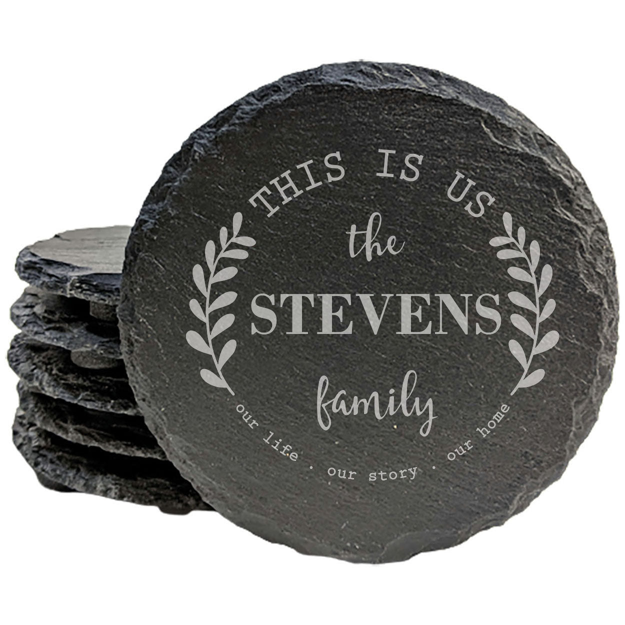 The Perfect Blend: Family Slate Coasters with "This is Us" Monogram