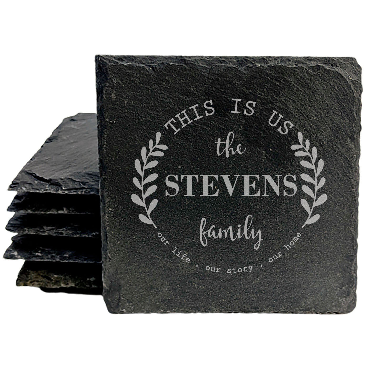 The Perfect Blend: Family Slate Coasters with "This is Us" Monogram