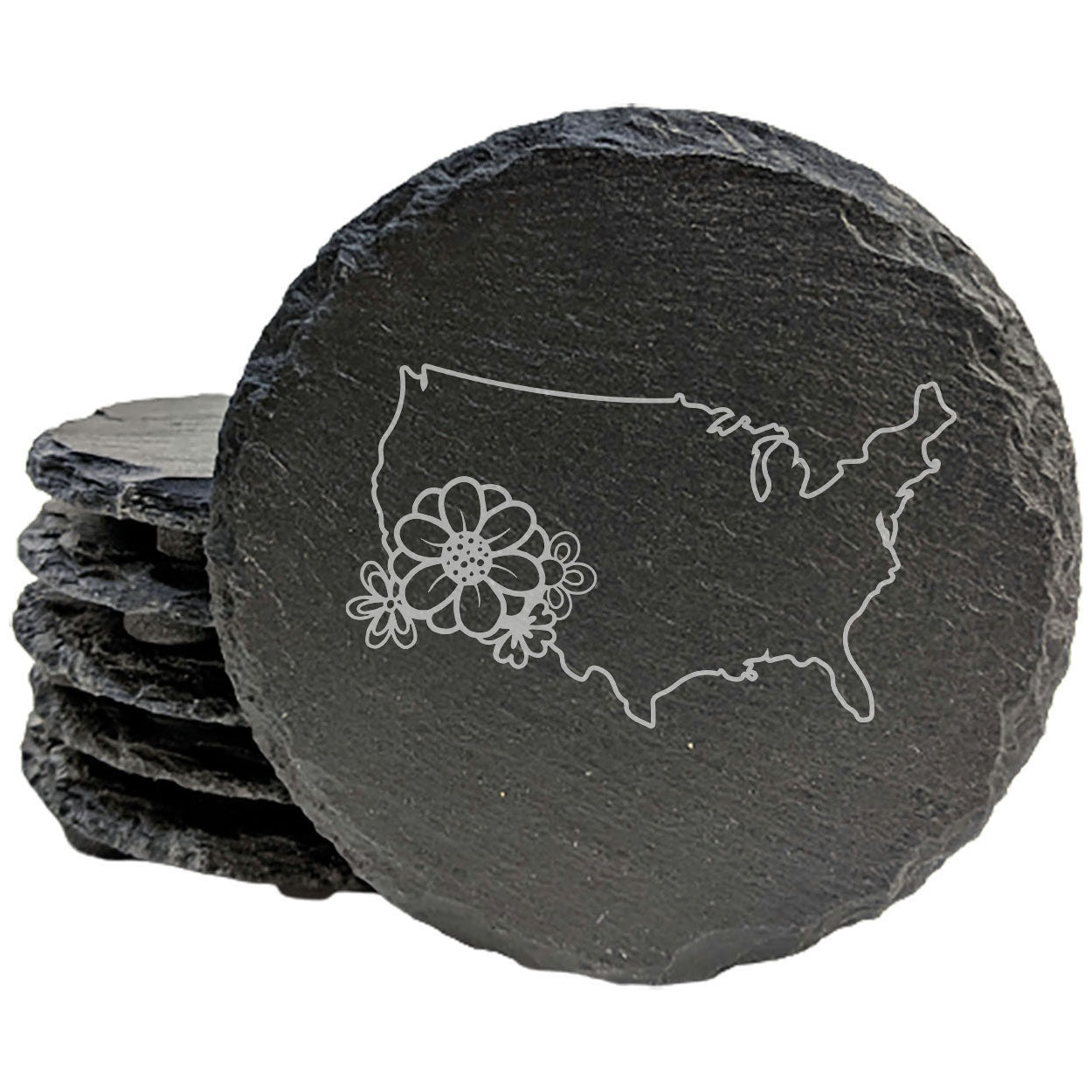 Rustic Slate Coasters Set of 4 - USA Outline Design with Flower - Perfect Gift for Holidays, Birthdays, Housewarming - 4" Round or Square - Made in Oregon, USA - Natural Chipped Edge, Rubber Feet