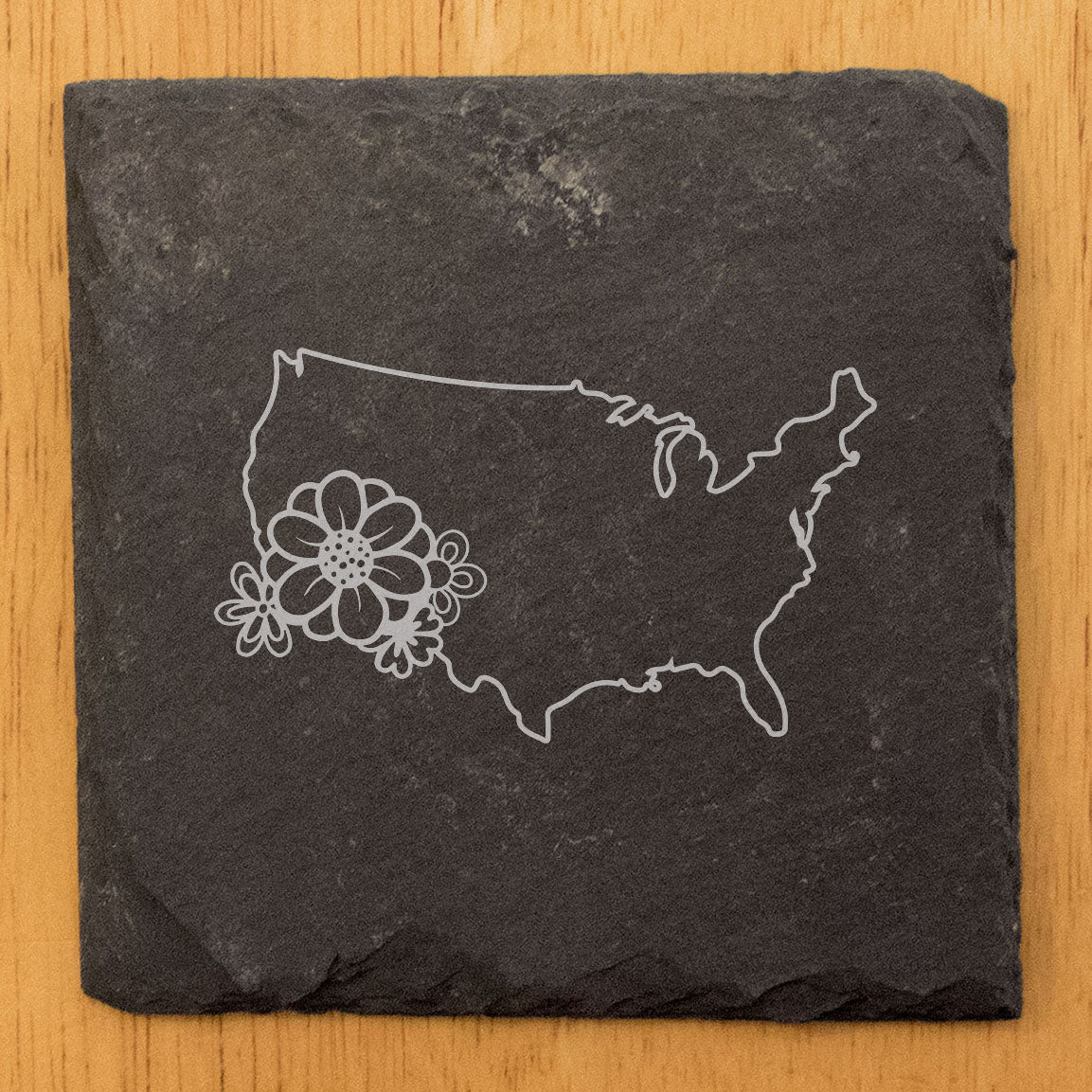 Rustic Slate Coasters Set of 4 - USA Outline Design with Flower - Perfect Gift for Holidays, Birthdays, Housewarming - 4" Round or Square - Made in Oregon, USA - Natural Chipped Edge, Rubber Feet