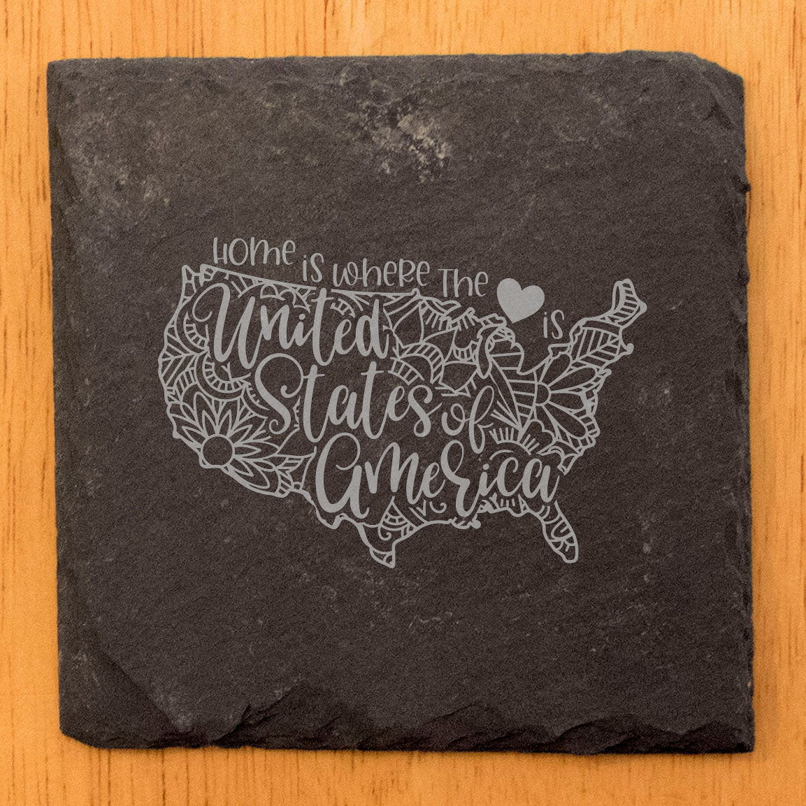Rustic Slate Coasters Set of 4, Round 4" with USA Mandala Design, 'Home is Where the Heart Is' Quote, Perfect Gift for Holidays, Birthdays, Housewarming, Made in Oregon, USA, Natural Chipped Edge