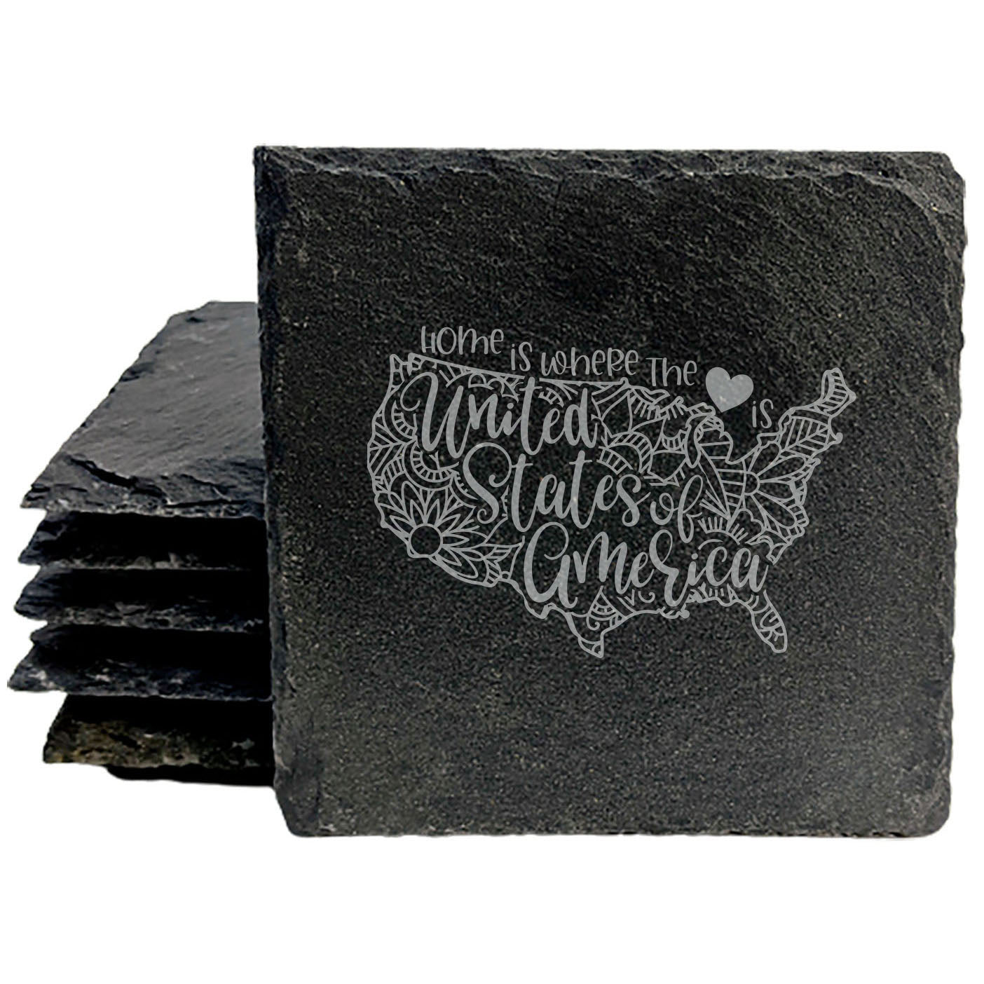Rustic Slate Coasters Set of 4, Round 4" with USA Mandala Design, 'Home is Where the Heart Is' Quote, Perfect Gift for Holidays, Birthdays, Housewarming, Made in Oregon, USA, Natural Chipped Edge
