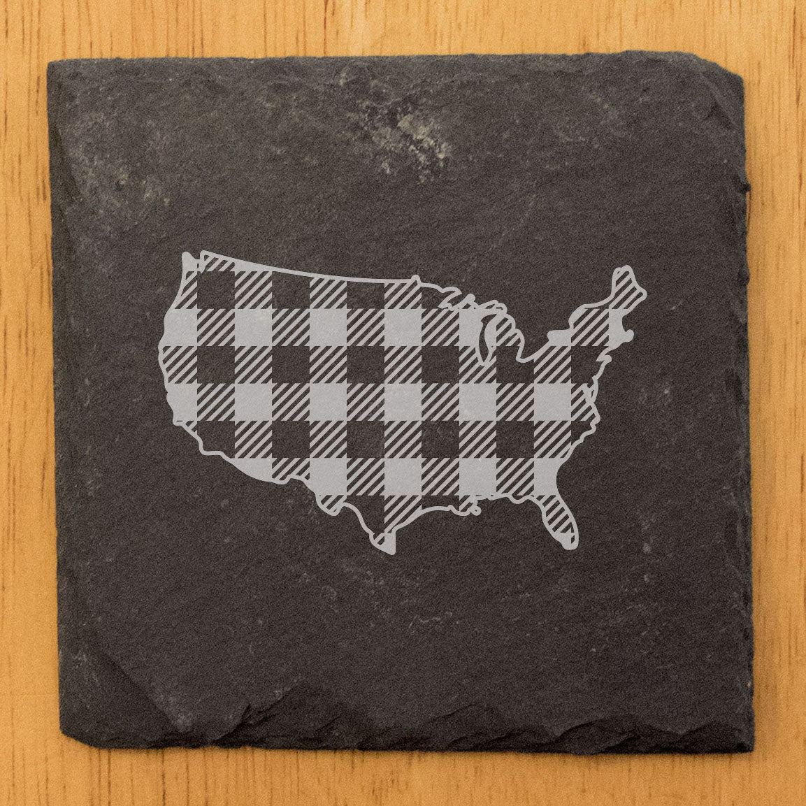 Rustic Slate Coasters Set of 4, Round 4" with USA Plaid Design, Perfect for Holidays, Birthdays, Housewarming Gifts, She-Shed or Man Cave, Made in Oregon, USA, Natural Chipped Edge, Rubber Feet