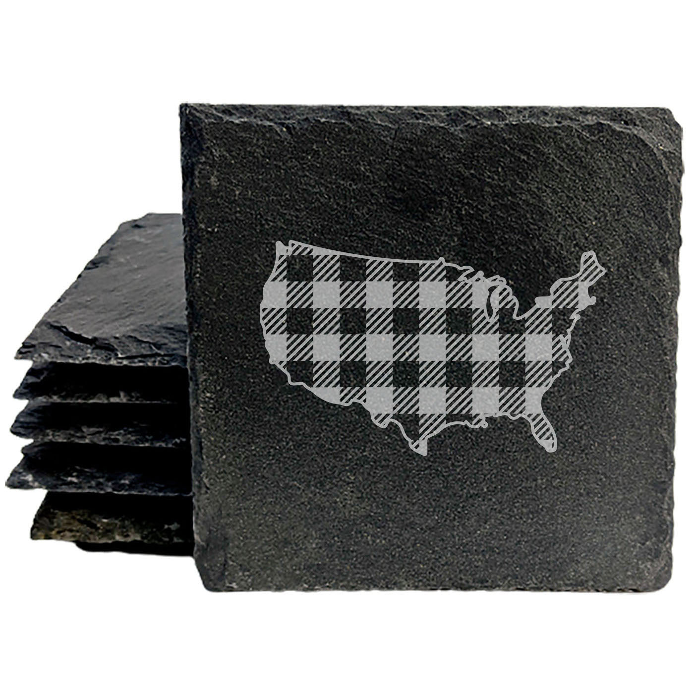 Rustic Slate Coasters Set of 4, Round 4" with USA Plaid Design, Perfect for Holidays, Birthdays, Housewarming Gifts, She-Shed or Man Cave, Made in Oregon, USA, Natural Chipped Edge, Rubber Feet