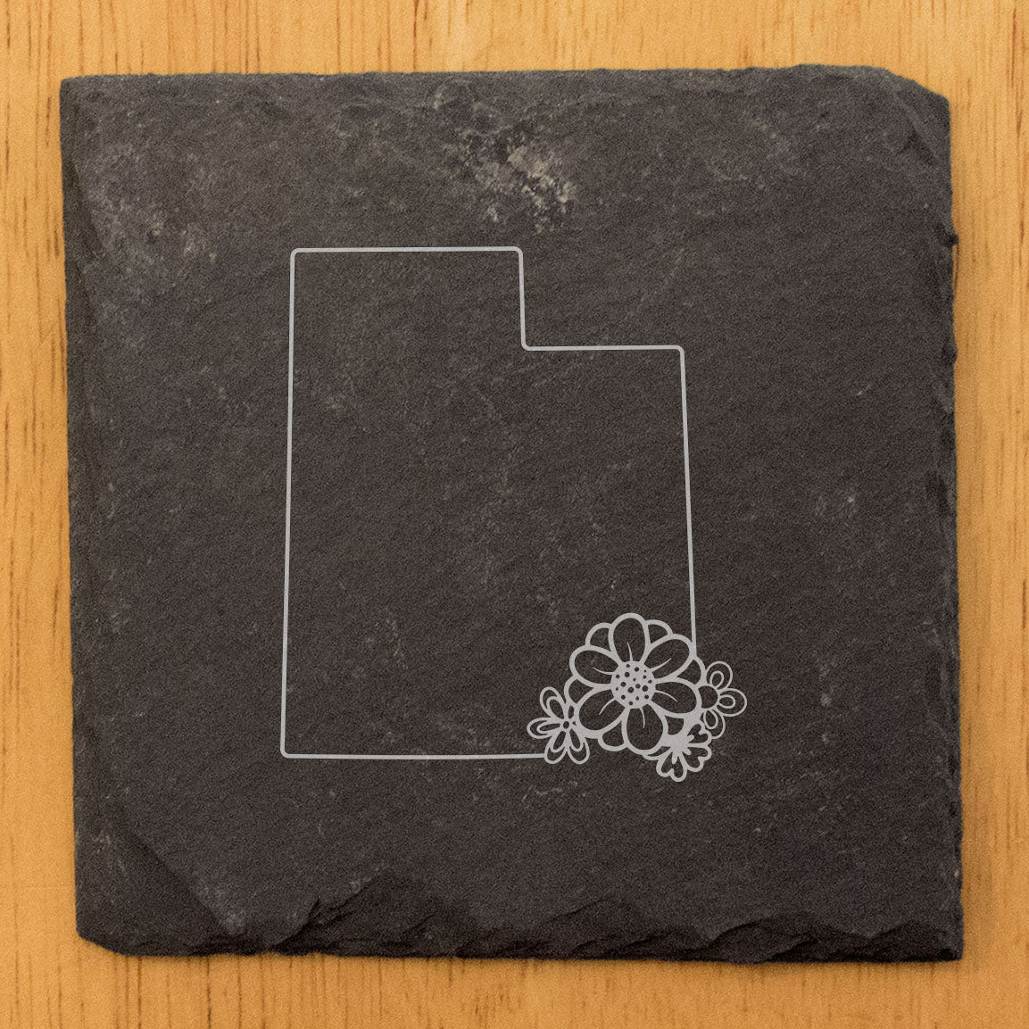 Rustic Slate Coasters Set of 4 - Utah State Outline Design with Flower - 4" Round or Square - Natural Chipped Edge, Rubber Feet - Perfect Gift for Holidays, Birthdays, Housewarming - Made in USA