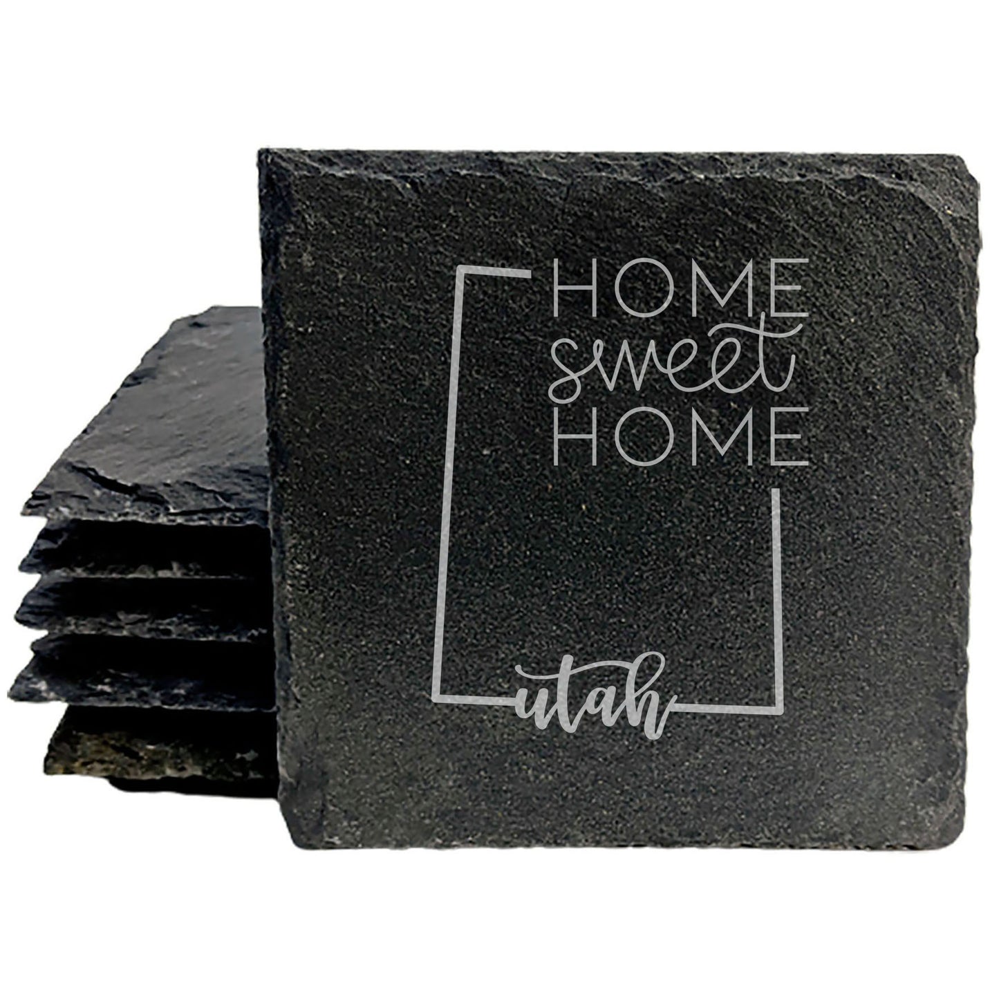 Rustic Slate Coasters Set of 4 - 4" Round with Utah State Design, 'Home Sweet Home' - Perfect Gift for Holidays, Birthdays, Housewarming - Made in Oregon, USA - Natural Chipped Edge, Rubber Feet