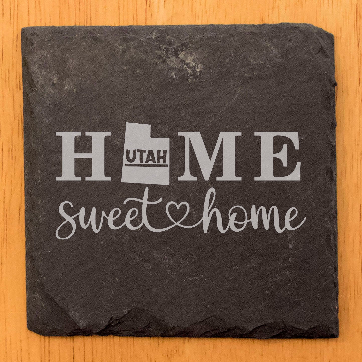 Rustic Slate Coasters Set of 4, Round 4" with 'HOME SWEET HOME' Utah Design, Perfect Gift for Holidays, Birthdays, Housewarming, She-Shed, Man Cave, Made in Oregon, USA, Natural Chipped Edge
