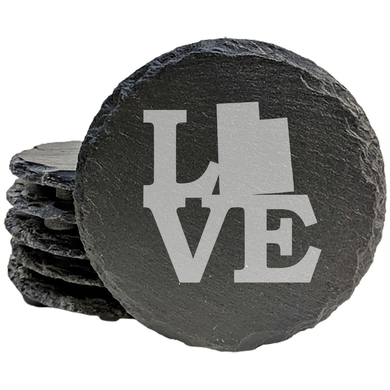 Rustic Slate Coasters Set of 4 - Laser Etched 'LOVE' Utah Design - Perfect Gift for Holidays, Birthdays, Housewarming - 4" Round, Natural Chipped Edge, Rubber Feet - Made in Oregon, USA