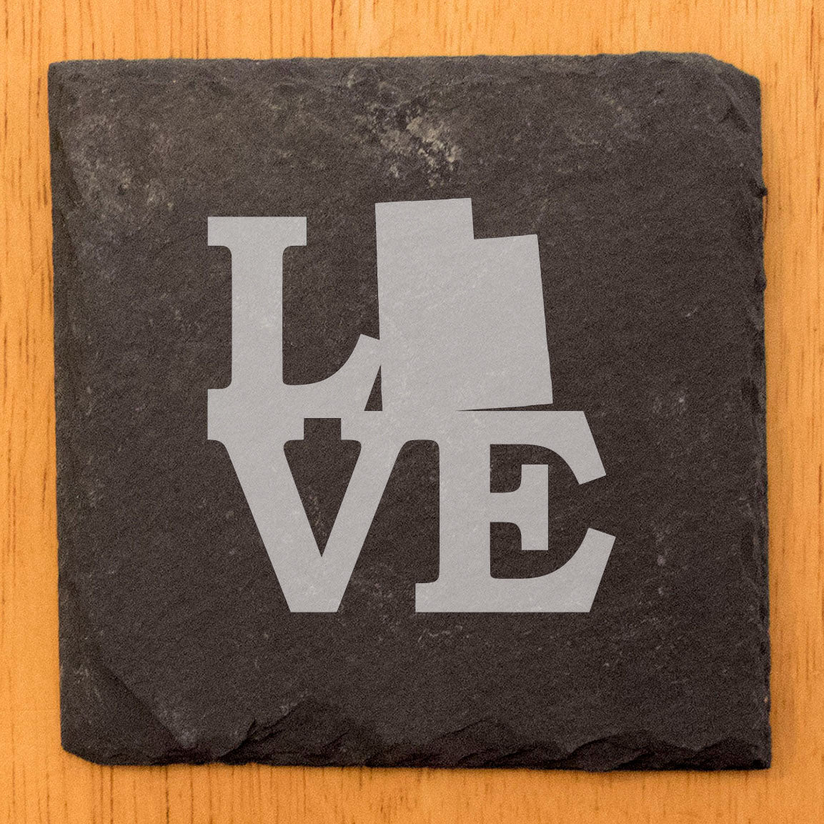Rustic Slate Coasters Set of 4 - Laser Etched 'LOVE' Utah Design - Perfect Gift for Holidays, Birthdays, Housewarming - 4" Round, Natural Chipped Edge, Rubber Feet - Made in Oregon, USA