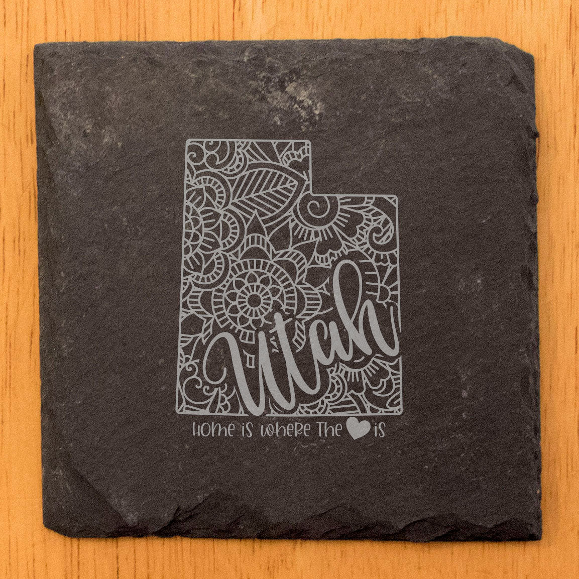 Rustic Slate Coasters Set of 4 - Round 4" with Utah Mandala Design, 'Home is Where the Heart Is' - Perfect Gift for Holidays, Birthdays, Housewarming - Made in Oregon, USA - Natural Chipped Edge