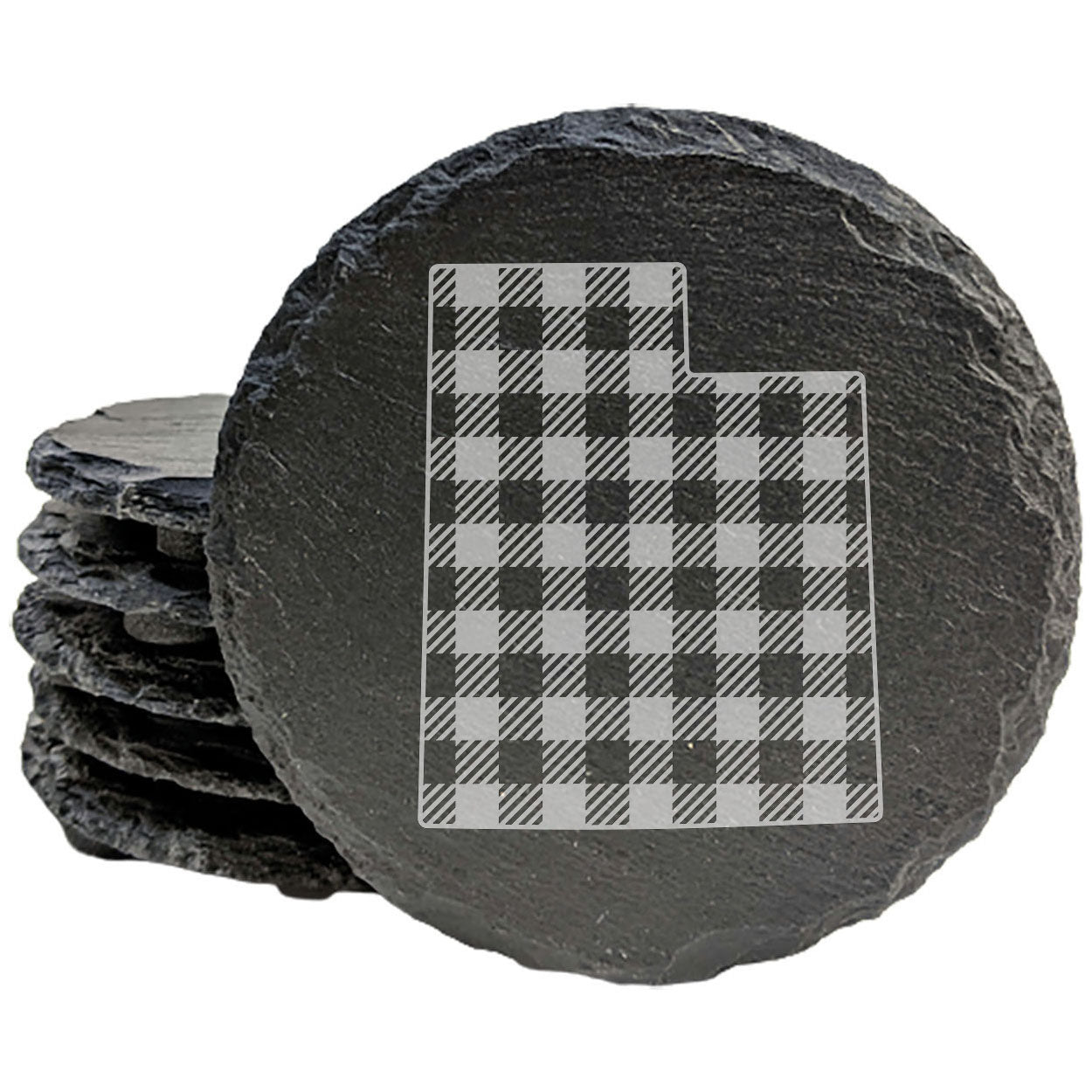 Rustic Slate Coasters Set of 4, Round 4" with Utah Plaid Design, Perfect for Holidays, Birthdays, Housewarming Gifts, She-Shed or Man Cave, Made in Oregon, USA, Natural Chipped Edge, Rubber Feet