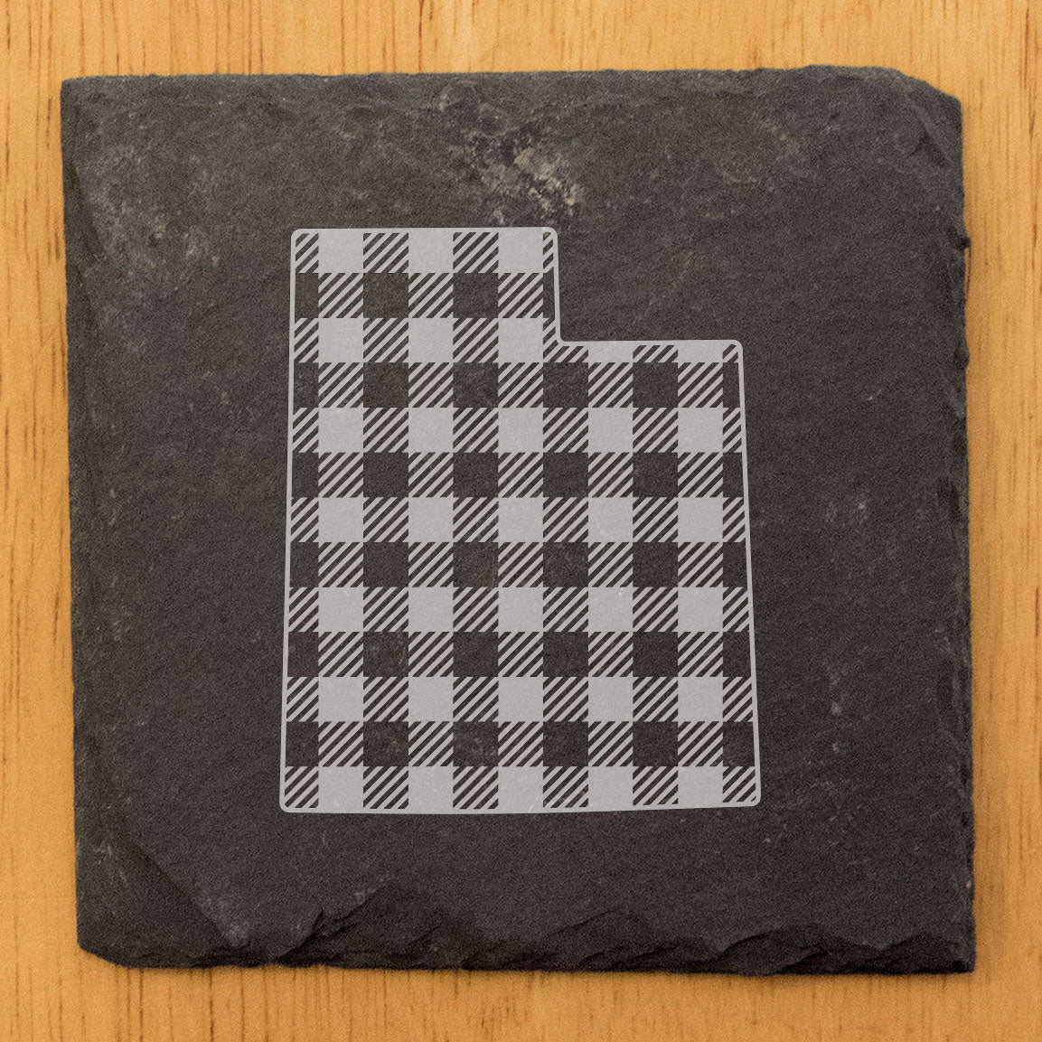 Rustic Slate Coasters Set of 4, Round 4" with Utah Plaid Design, Perfect for Holidays, Birthdays, Housewarming Gifts, She-Shed or Man Cave, Made in Oregon, USA, Natural Chipped Edge, Rubber Feet