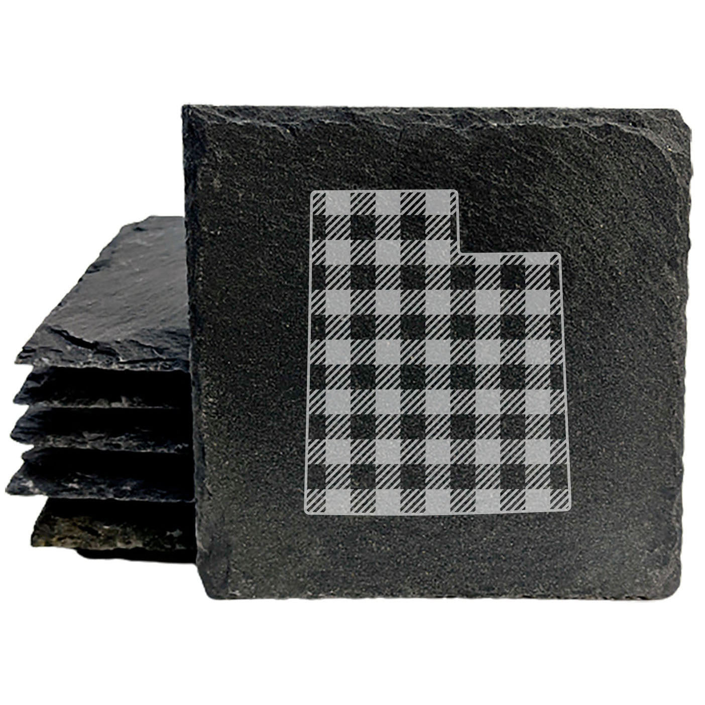 Rustic Slate Coasters Set of 4, Round 4" with Utah Plaid Design, Perfect for Holidays, Birthdays, Housewarming Gifts, She-Shed or Man Cave, Made in Oregon, USA, Natural Chipped Edge, Rubber Feet