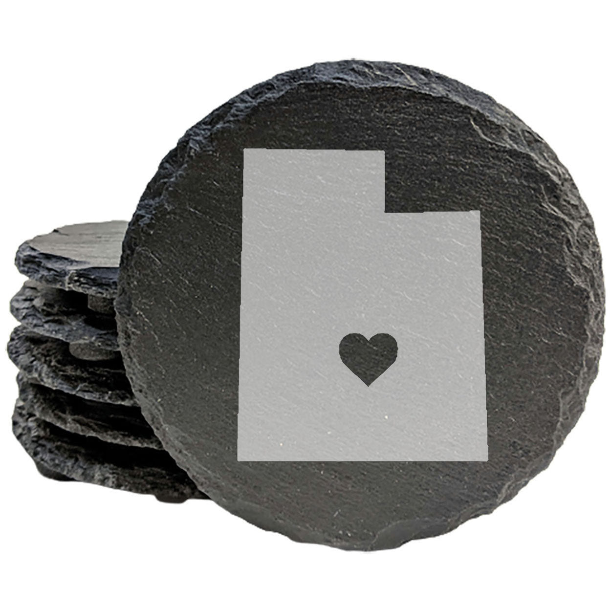 Rustic Slate Coasters Set of 4 - Laser Etched Utah Design with Heart - Perfect Gift for Holidays, Birthdays, Housewarming - 4" Round, Natural Chipped Edge, Rubber Feet - Made in Oregon, USA