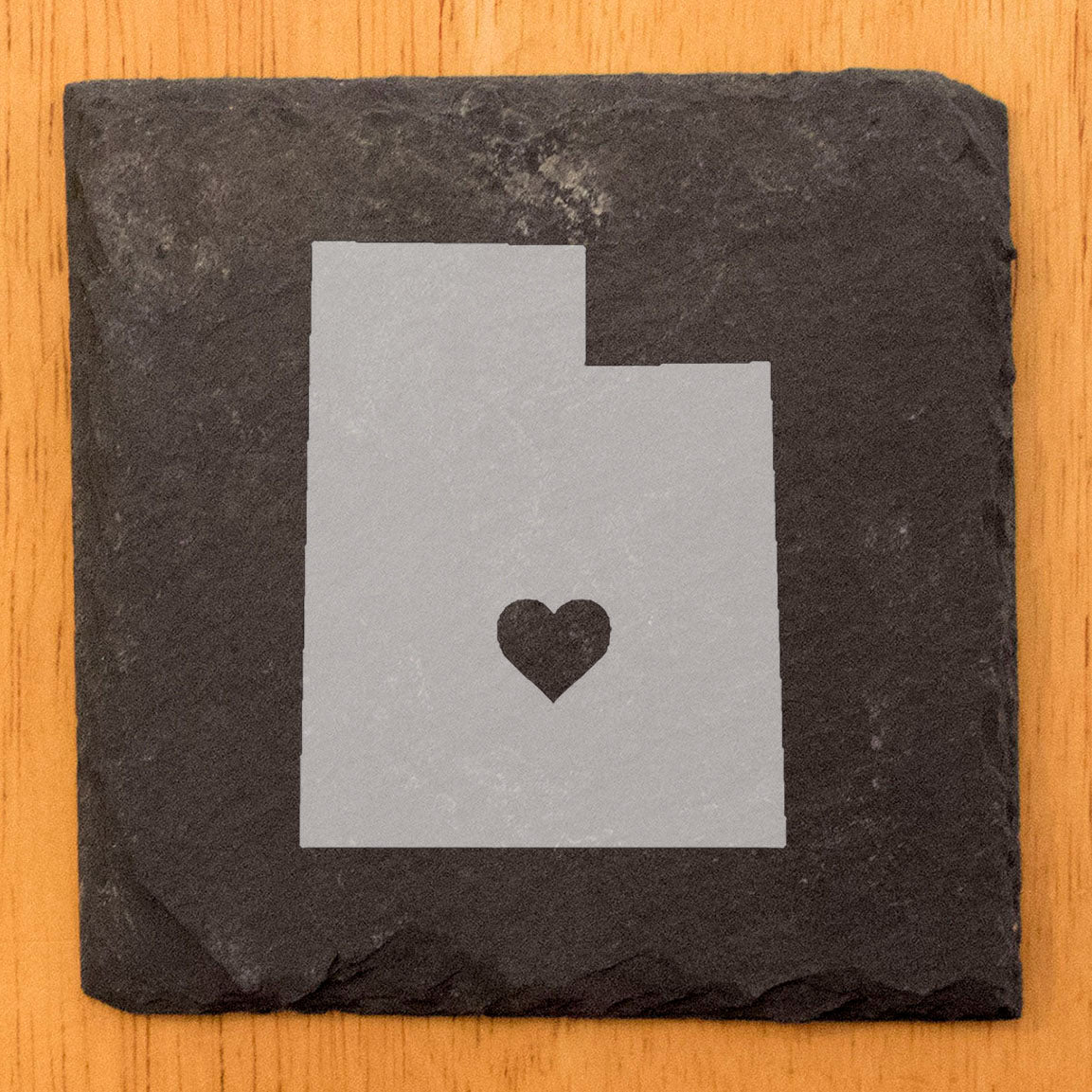Rustic Slate Coasters Set of 4 - Laser Etched Utah Design with Heart - Perfect Gift for Holidays, Birthdays, Housewarming - 4" Round, Natural Chipped Edge, Rubber Feet - Made in Oregon, USA
