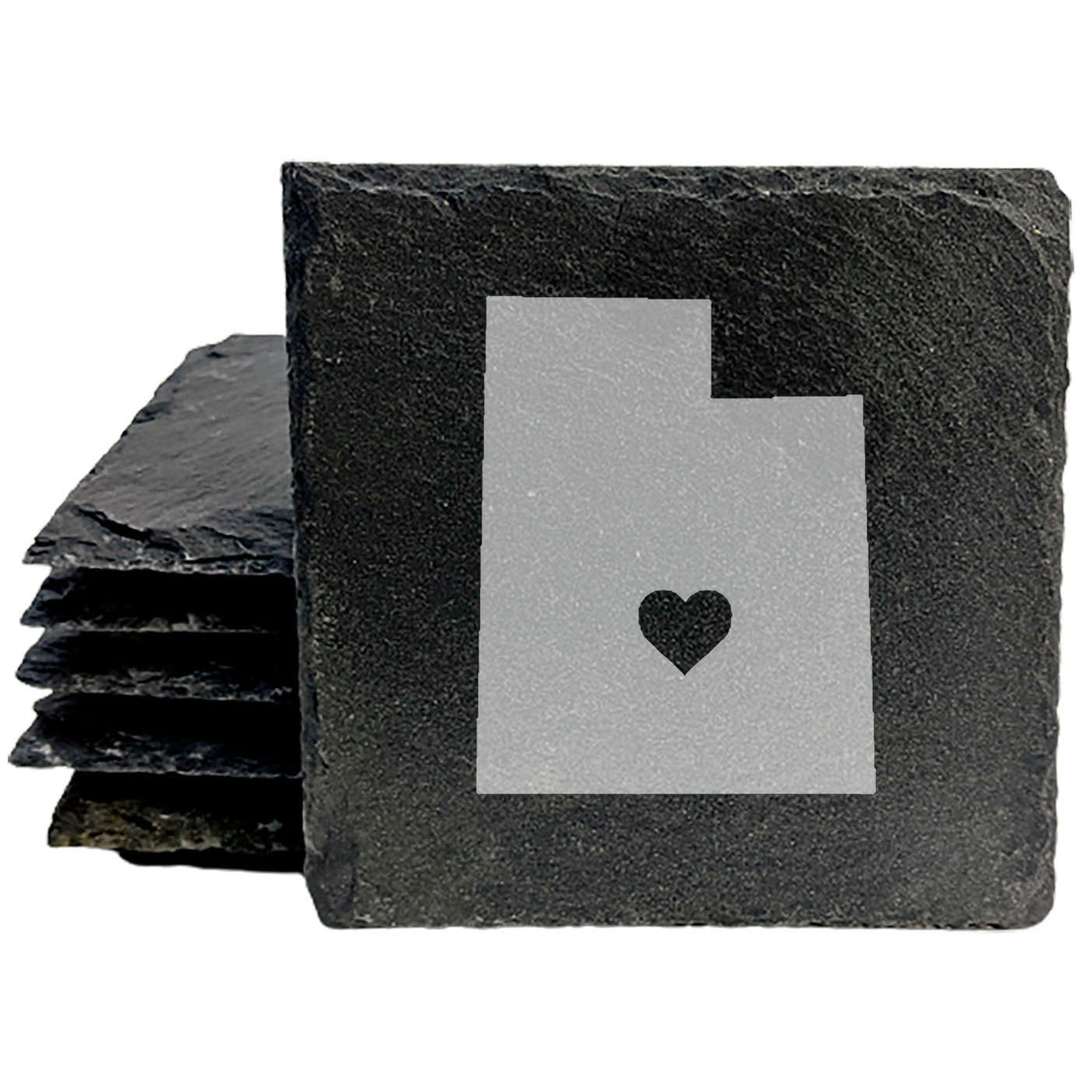 Rustic Slate Coasters Set of 4 - Laser Etched Utah Design with Heart - Perfect Gift for Holidays, Birthdays, Housewarming - 4" Round, Natural Chipped Edge, Rubber Feet - Made in Oregon, USA