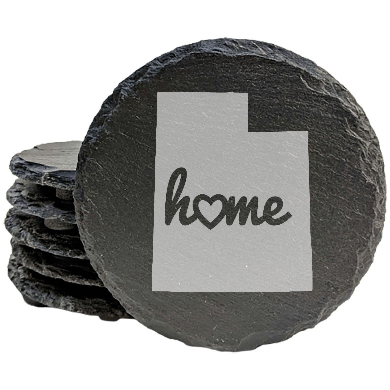 Rustic Slate Coasters Set of 4 - Utah 'Home' Design with Heart - 4" Round, Natural Chipped Edge, Rubber Feet - Perfect Gift for Holidays, Birthdays, Housewarming - Made in Oregon, USA