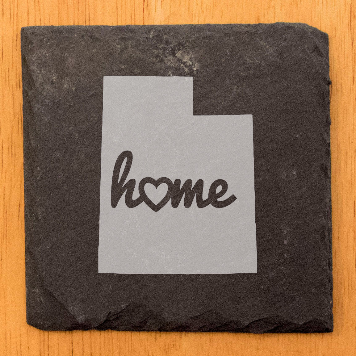 Rustic Slate Coasters Set of 4 - Utah 'Home' Design with Heart - 4" Round, Natural Chipped Edge, Rubber Feet - Perfect Gift for Holidays, Birthdays, Housewarming - Made in Oregon, USA
