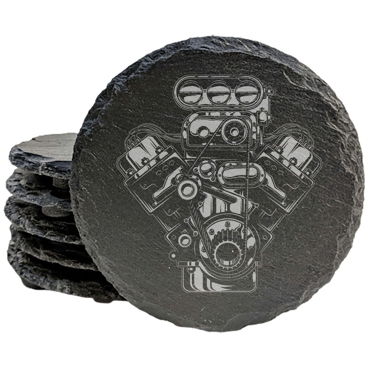 Rev Up Your Coffee Table with Laser-Etched V8 Engine Slate Coasters