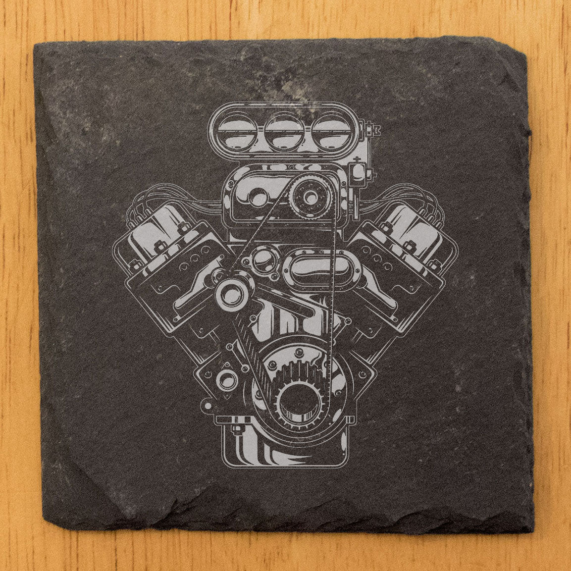Rev Up Your Coffee Table with Laser-Etched V8 Engine Slate Coasters