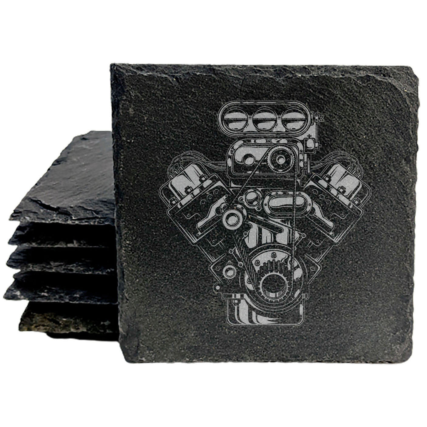 Rev Up Your Coffee Table with Laser-Etched V8 Engine Slate Coasters