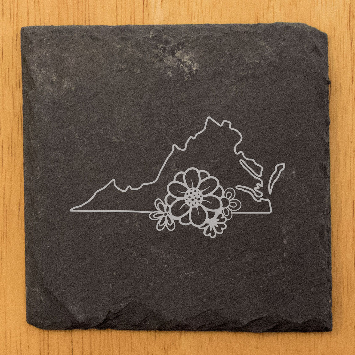 Rustic Slate Coasters Set of 4 - Virginia State Outline Design with Flower | 4" Round or Square | Natural Chipped Edge, Rubber Feet | Perfect Gift for Holidays, Birthdays, Housewarming | Made in USA