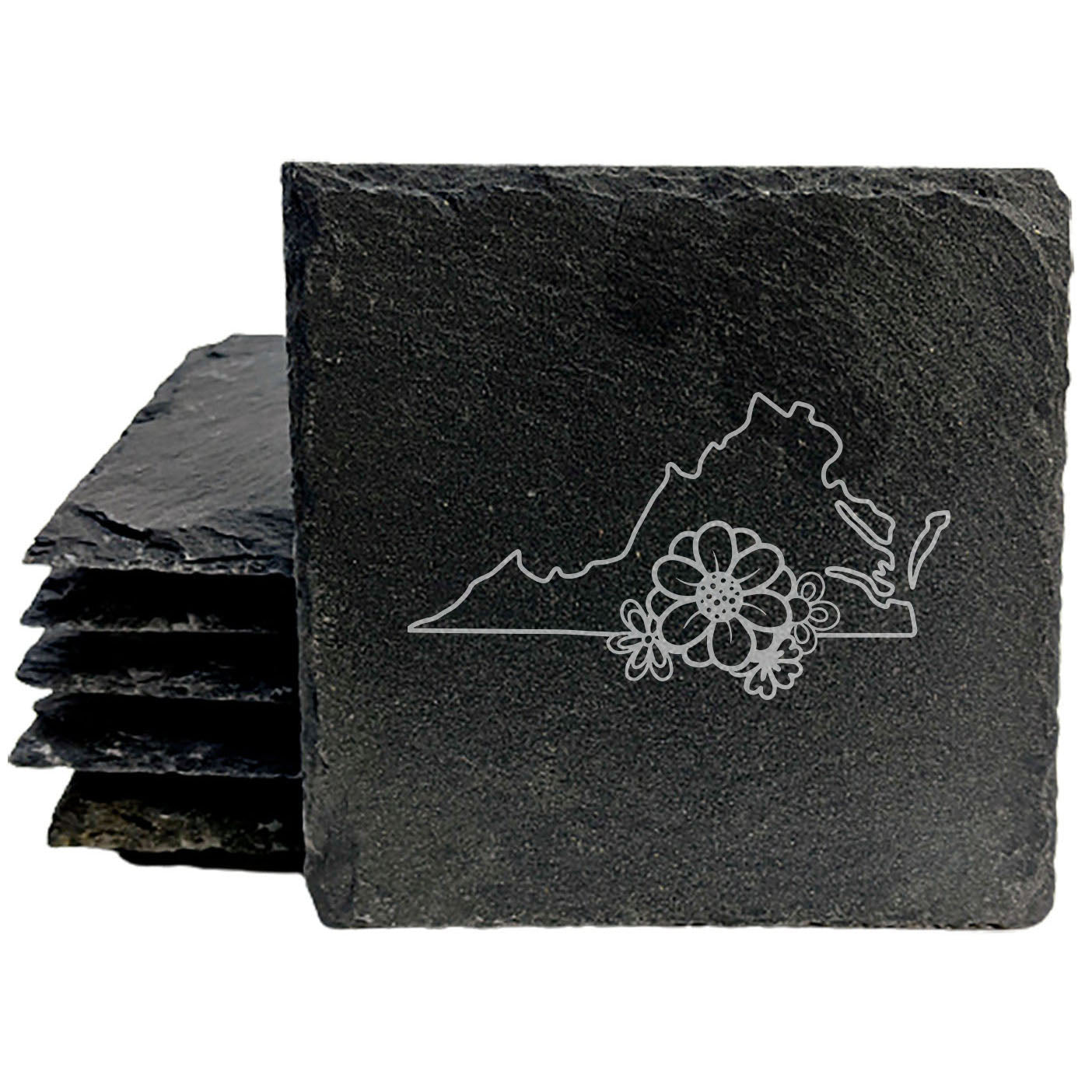 Rustic Slate Coasters Set of 4 - Virginia State Outline Design with Flower | 4" Round or Square | Natural Chipped Edge, Rubber Feet | Perfect Gift for Holidays, Birthdays, Housewarming | Made in USA