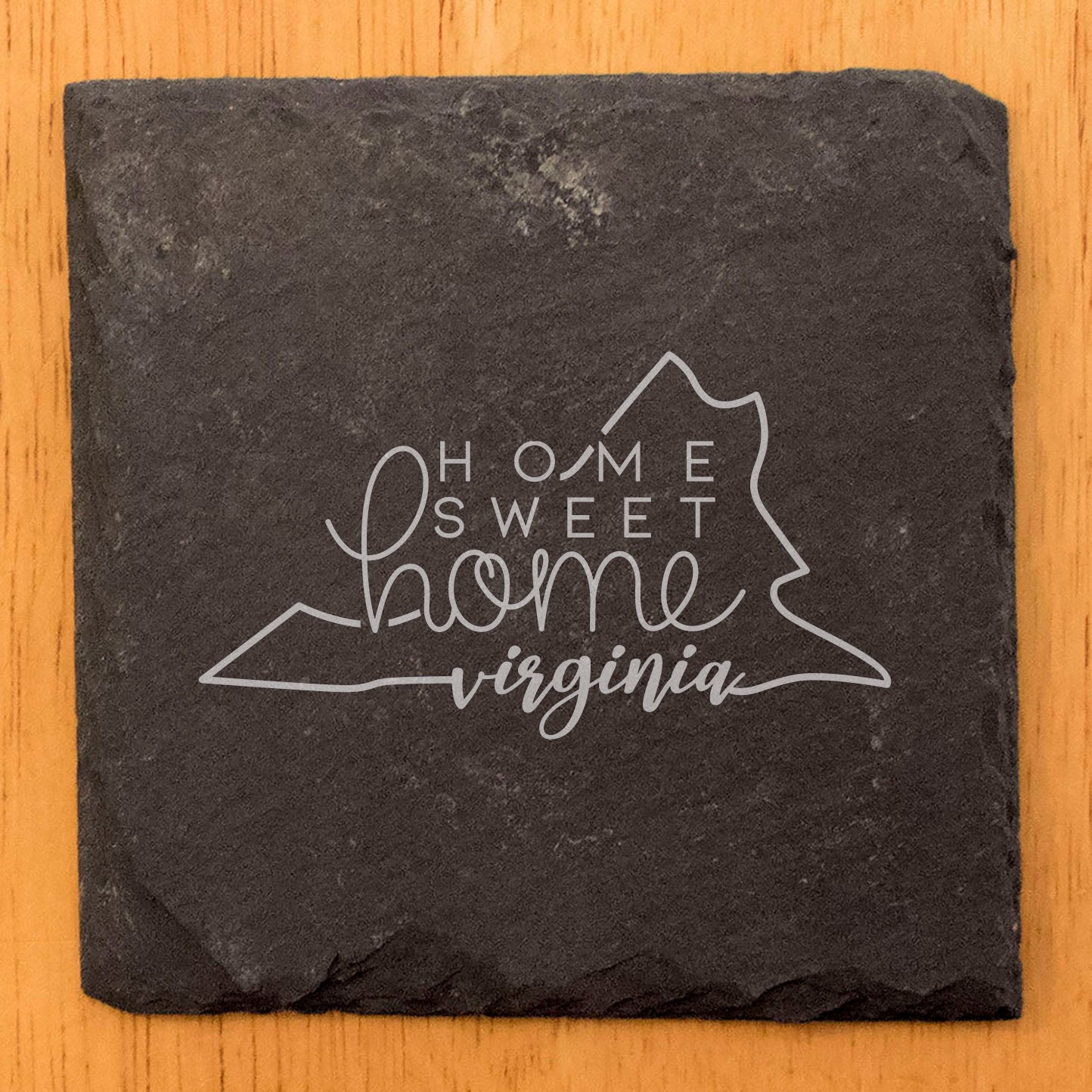 Rustic Slate Coasters Set of 4, Round 4" with Virginia State Design, 'Home Sweet Home' Laser Etched, Perfect Gift for Holidays, Birthdays, Housewarming, Made in Oregon, USA, Natural Chipped Edge