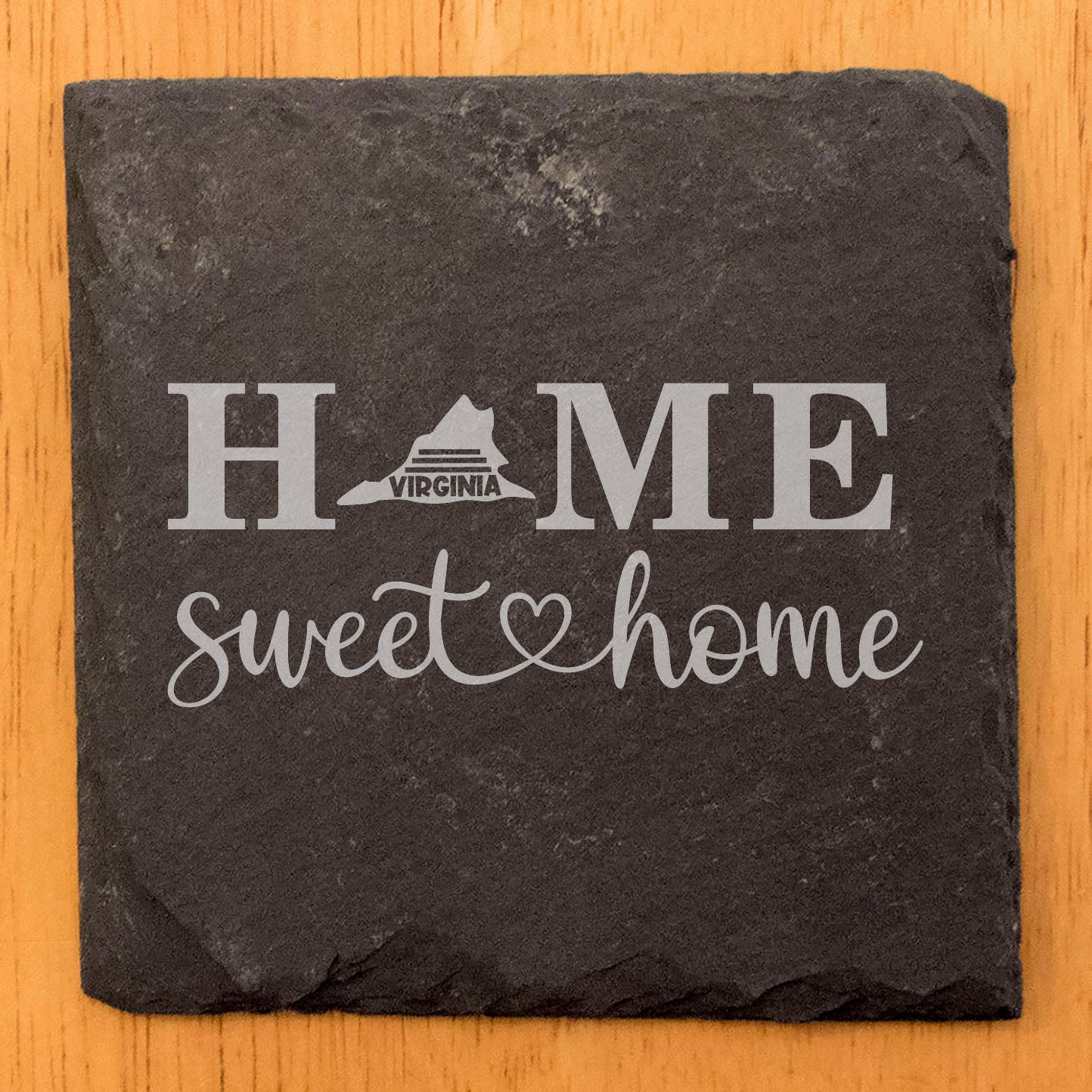 Rustic Slate Coasters Set of 4, Round 4" with 'HOME SWEET HOME' Virginia Design, Perfect for Holidays, Birthdays, Housewarming Gifts, She-Shed, Man Cave, Made in Oregon, USA, Natural Chipped Edge