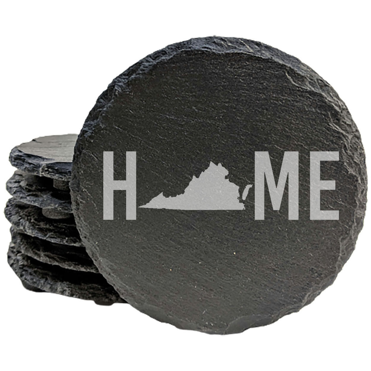 Rustic Slate Coasters Set of 4, Laser Etched 'HOME' Design with Virginia State, 4" Round, Natural Chipped Edge, Rubber Feet, Perfect Gift for Holidays, Birthdays, Housewarming, Made in Oregon, USA