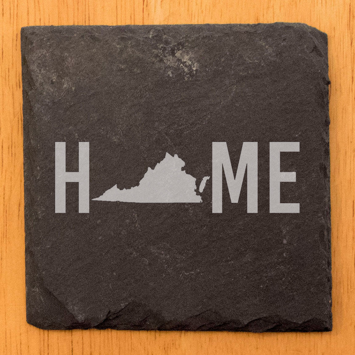 Rustic Slate Coasters Set of 4, Laser Etched 'HOME' Design with Virginia State, 4" Round, Natural Chipped Edge, Rubber Feet, Perfect Gift for Holidays, Birthdays, Housewarming, Made in Oregon, USA