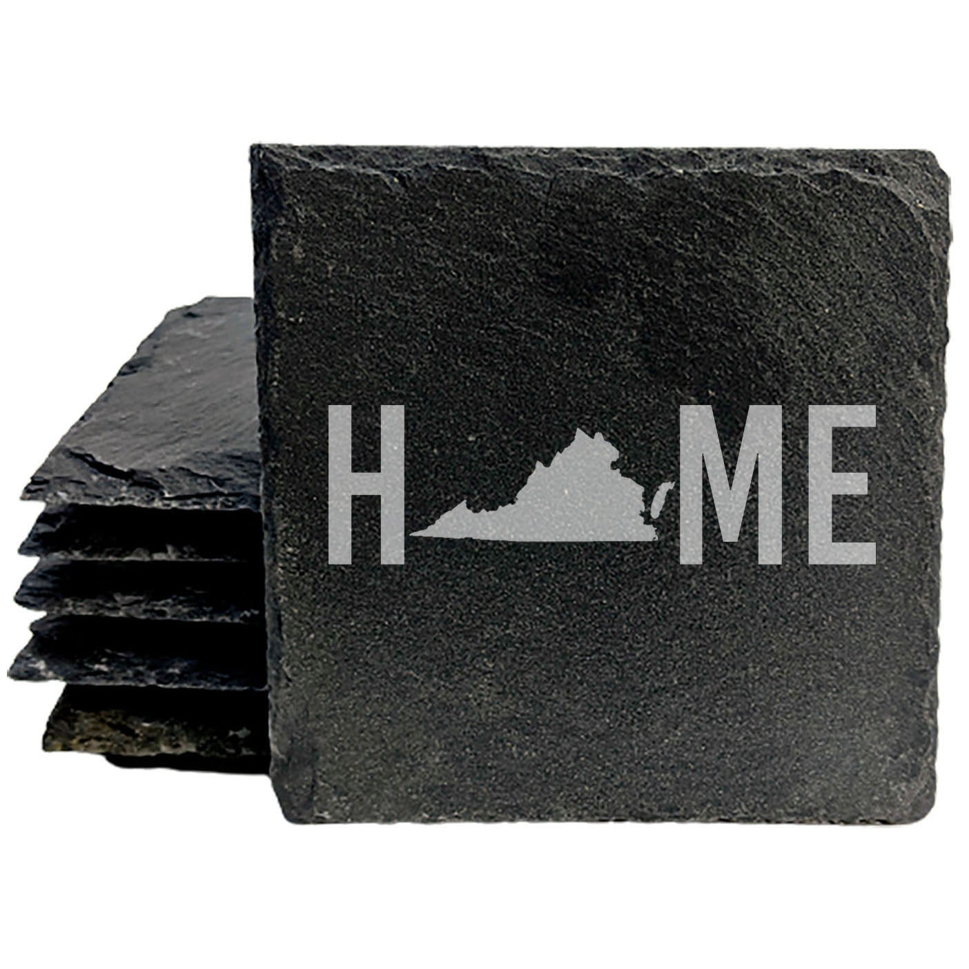 Rustic Slate Coasters Set of 4, Laser Etched 'HOME' Design with Virginia State, 4" Round, Natural Chipped Edge, Rubber Feet, Perfect Gift for Holidays, Birthdays, Housewarming, Made in Oregon, USA