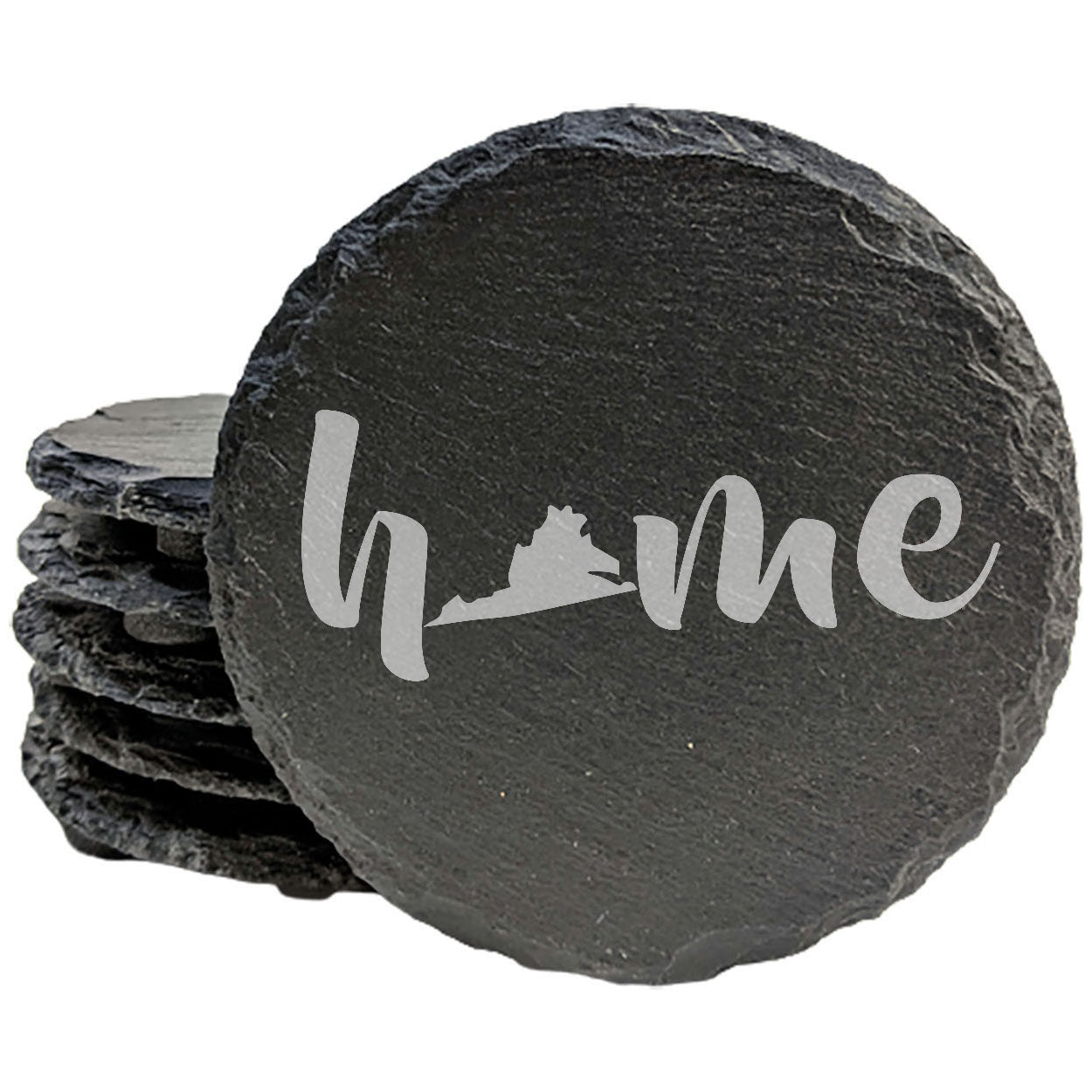 Rustic Slate Coasters Set of 4 - Laser Etched 'Home' Design with Virginia State - Perfect Gift for Holidays, Birthdays, Housewarming - 4" Round/Square - Made in Oregon, USA - Natural Chipped Edge