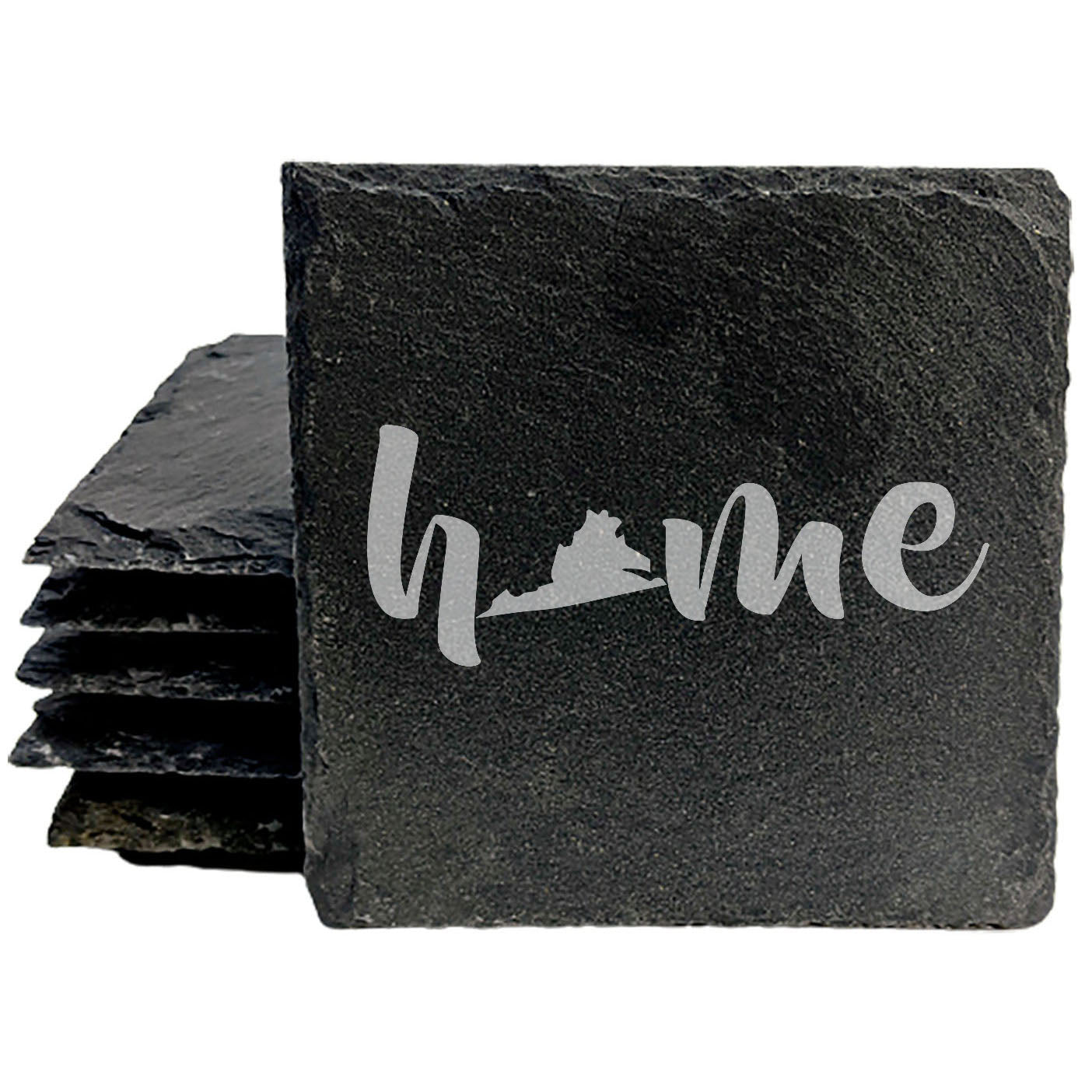 Rustic Slate Coasters Set of 4 - Laser Etched 'Home' Design with Virginia State - Perfect Gift for Holidays, Birthdays, Housewarming - 4" Round/Square - Made in Oregon, USA - Natural Chipped Edge