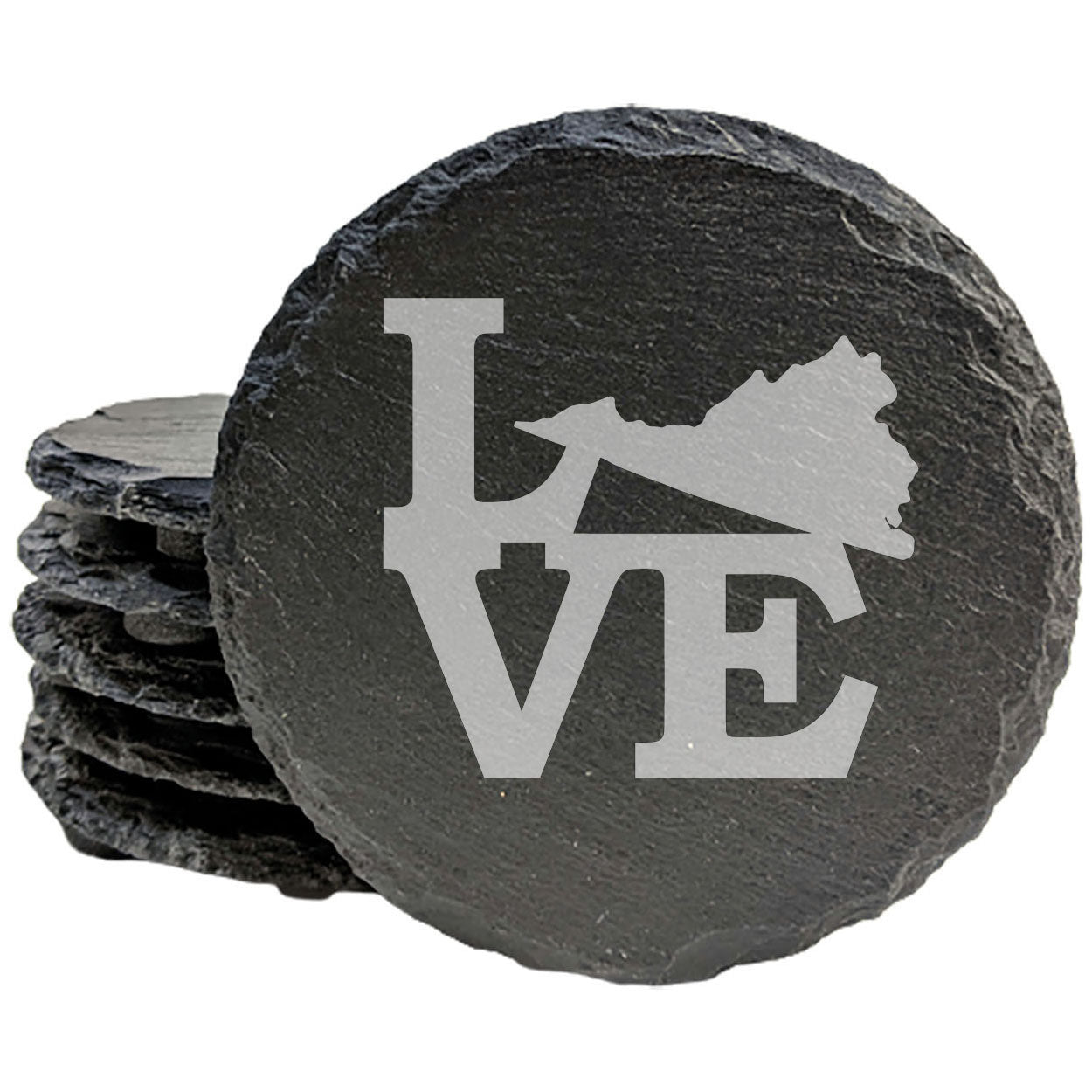 Rustic Slate Coasters Set of 4, Laser Etched 'LOVE' Design with Virginia State, 4" Round, Natural Chipped Edge, Rubber Feet, , Perfect for Holidays, Birthdays, Housewarming, USA Made