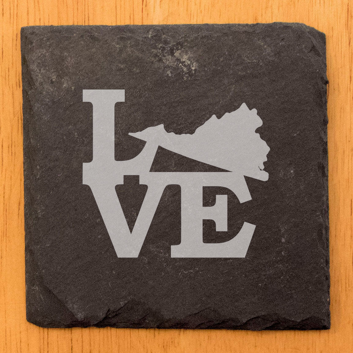 Rustic Slate Coasters Set of 4, Laser Etched 'LOVE' Design with Virginia State, 4" Round, Natural Chipped Edge, Rubber Feet, , Perfect for Holidays, Birthdays, Housewarming, USA Made
