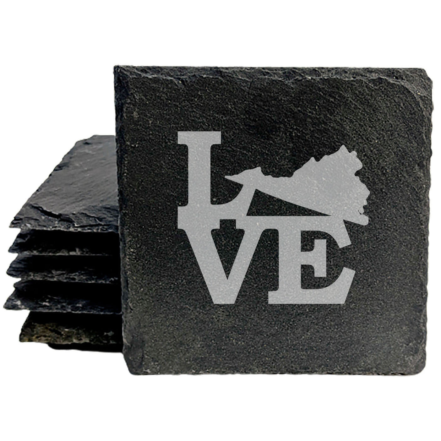 Rustic Slate Coasters Set of 4, Laser Etched 'LOVE' Design with Virginia State, 4" Round, Natural Chipped Edge, Rubber Feet, , Perfect for Holidays, Birthdays, Housewarming, USA Made