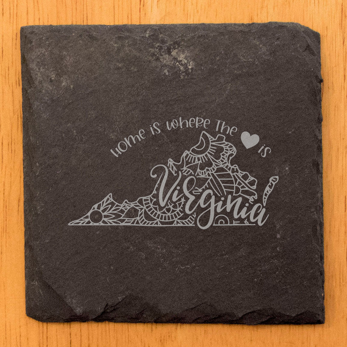 Rustic Slate Coasters Set of 4, Round 4" with Virginia Mandala Design, 'Home is Where the Heart Is' Quote, Perfect Gift for Holidays, Birthdays, Housewarming, Made in Oregon, USA, Small Business