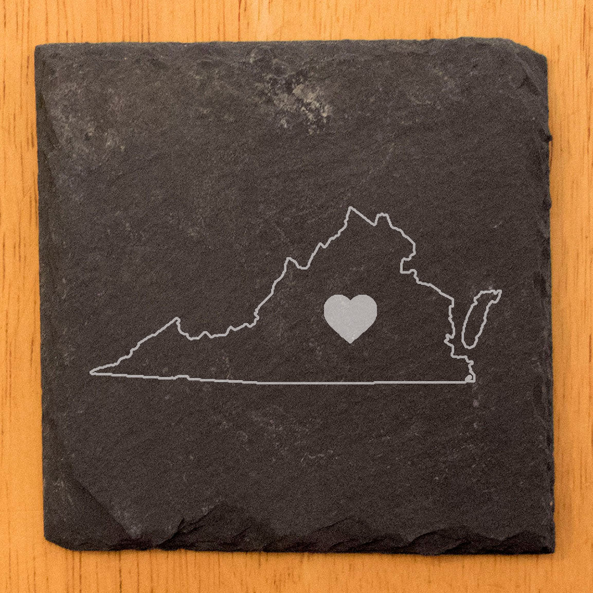 Rustic Slate Coasters Set of 4, Round 4" with Virginia Heart Design, Laser Etched, Natural Chipped Edge, Rubber Feet, , Perfect for Holidays, Birthdays, Housewarming, Made in USA